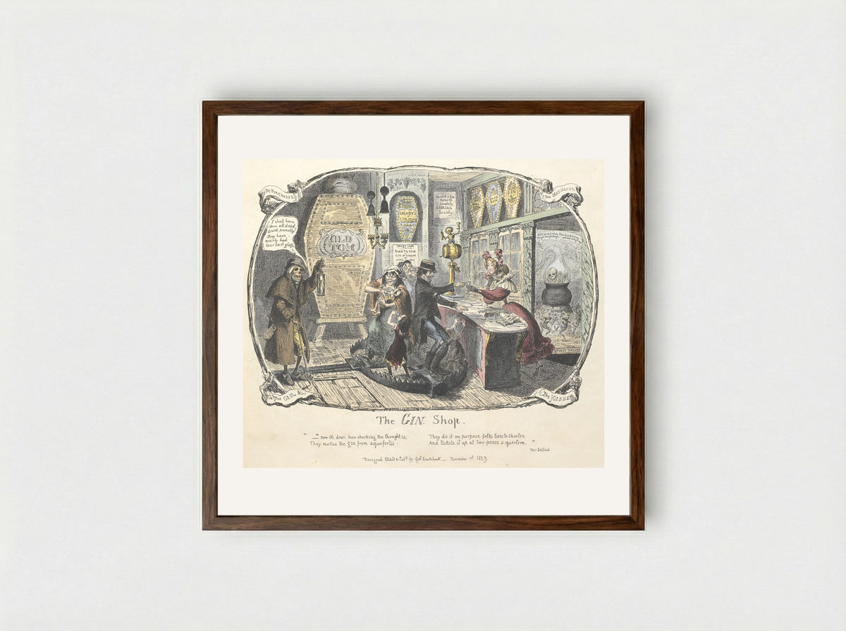 The Gin Shop - George Cruikshank - Framed Print Dark Wood