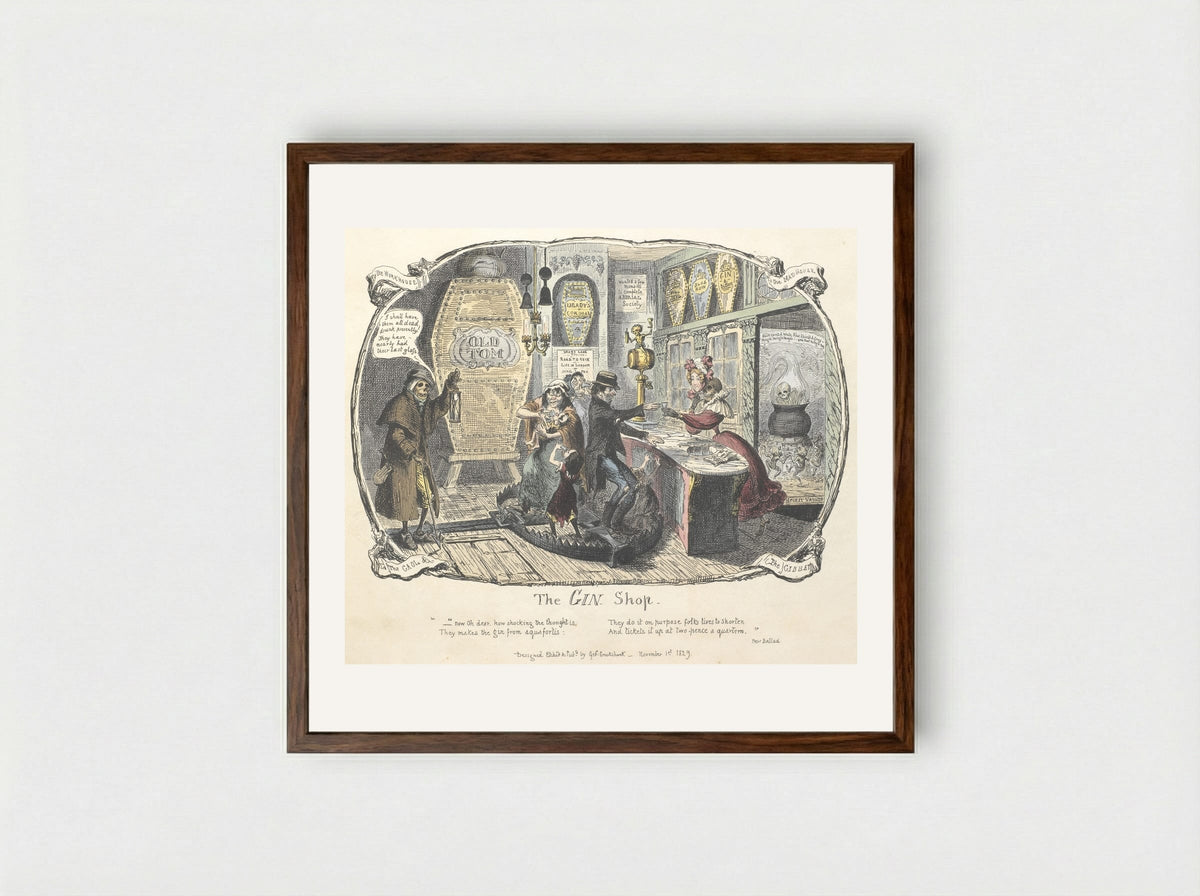 The Gin Shop - George Cruikshank - Framed Print Dark Wood