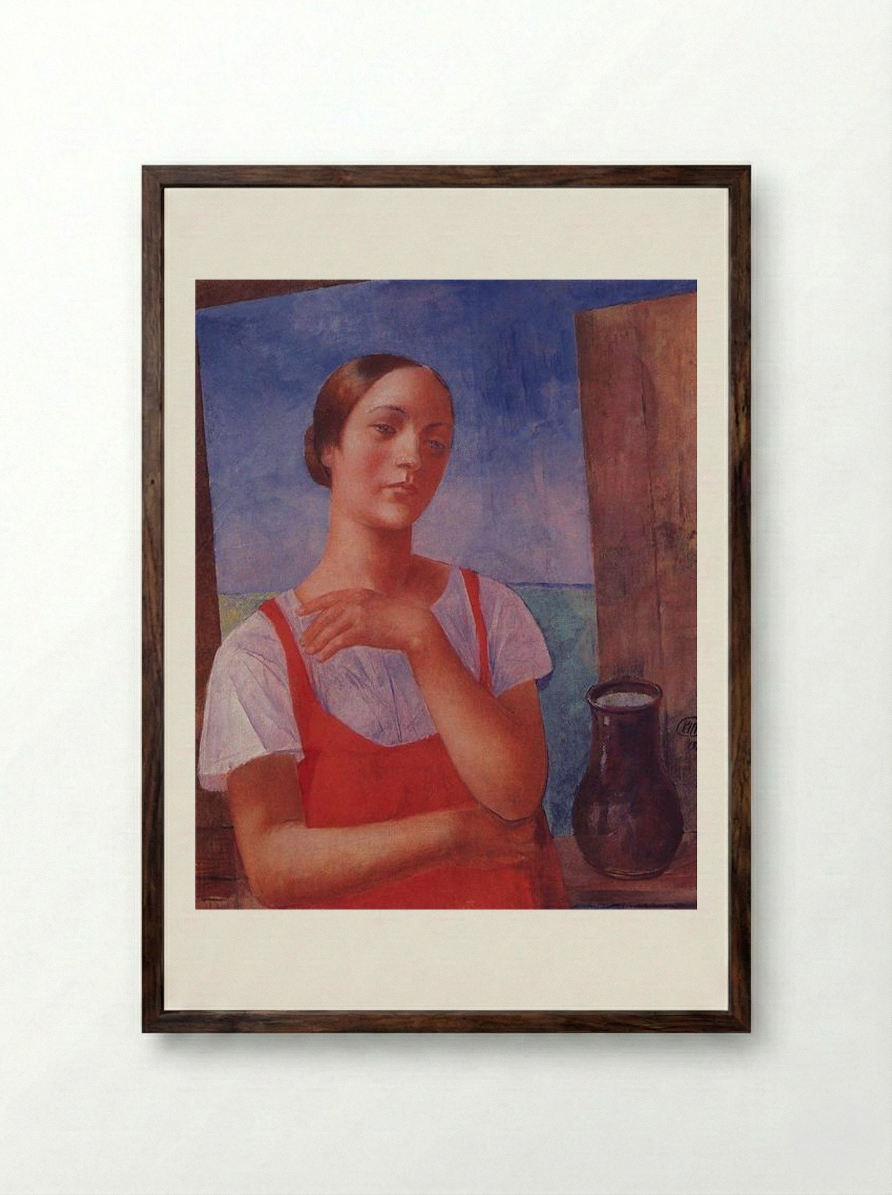 The Girl in a Sarafan - Kuzma Petrov-Vodkin - Framed Print Dark Wood