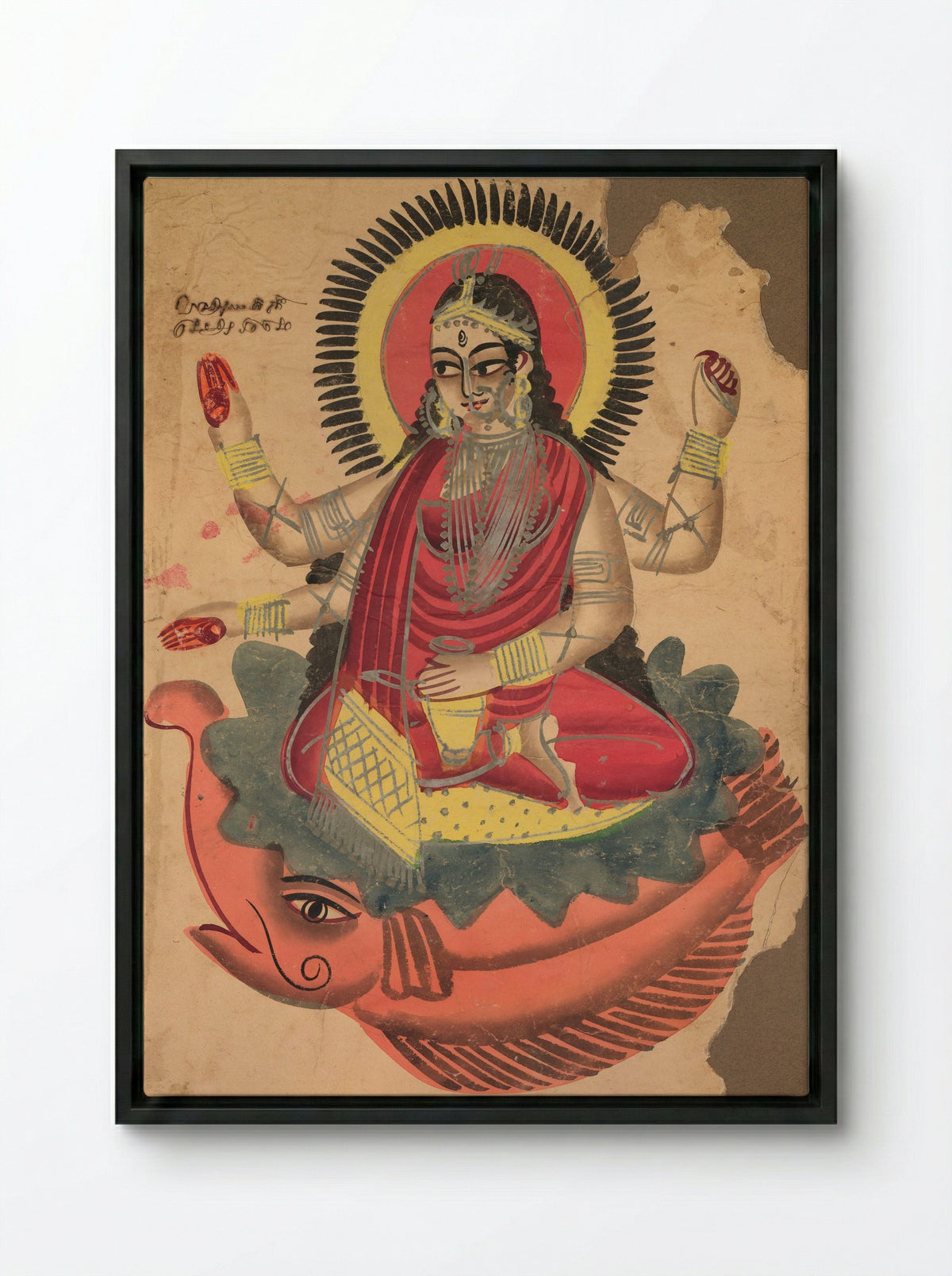The Goddess Ganga - Kalighat School - Framed Canvas Black