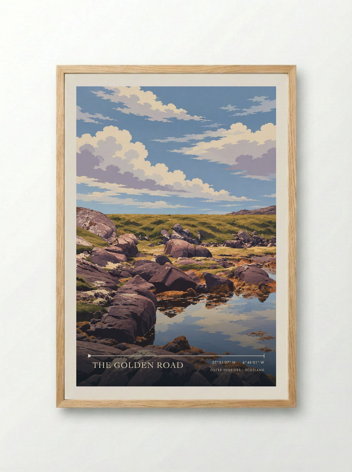 The Golden Road, Outer Hebrides | Travel Poster - Framed Print Wood