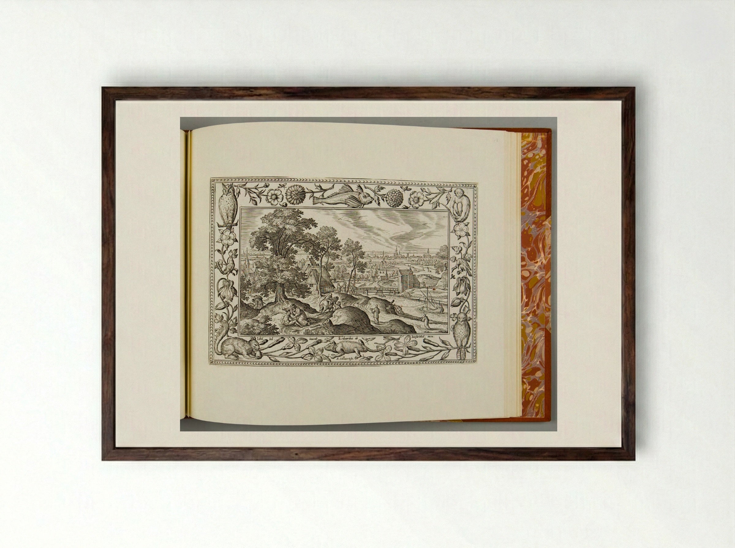 The Good Samaritan, with Fish, Lizard, Squirrel, and Owl - Adriaen Collaert - Framed Print Dark Wood