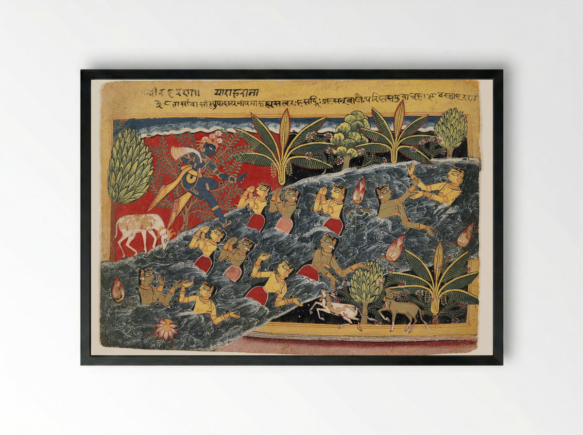 The Gopis Plead with Krishna to Return Their Clothing - Master of the Isarda Bhagavata Purana - Framed Print Black