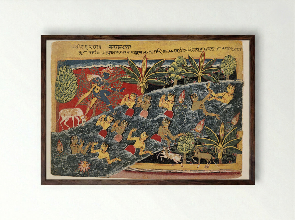 The Gopis Plead with Krishna to Return Their Clothing - Master of the Isarda Bhagavata Purana - Framed Print Dark Wood