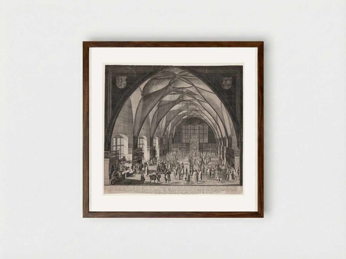 The Great Hall of the Castle at Prague, with the Annual Fair - Aegidius Sadeler II - Framed Print Dark Wood