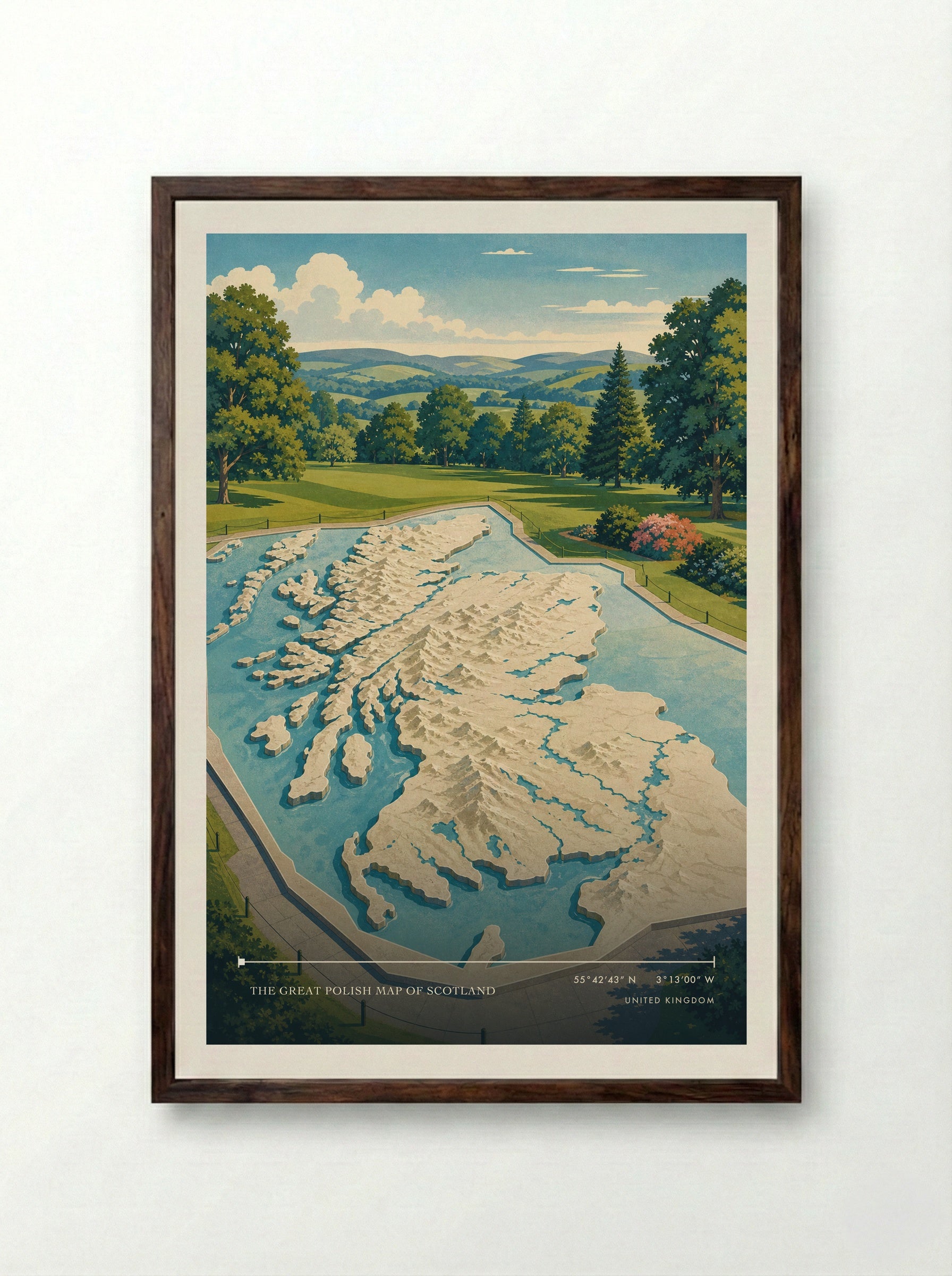 The Great Polish Map of Scotland United Kingdom Travel Poster - Framed Print Dark Wood