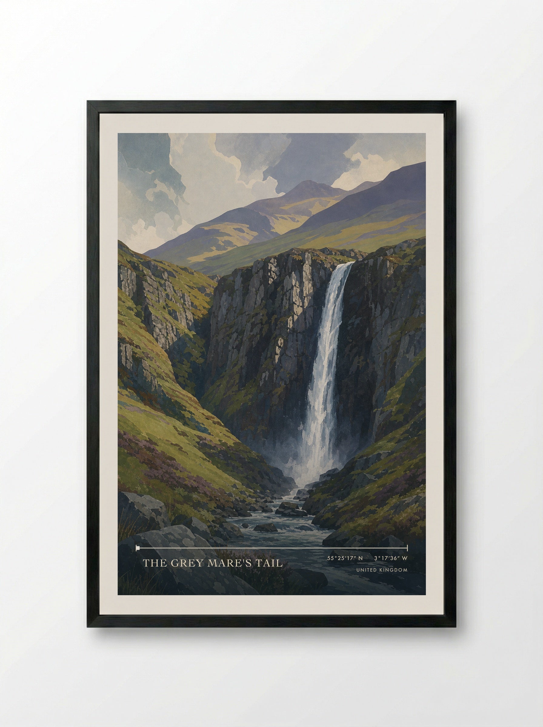 The Grey Mare's Tail United Kingdom Travel Poster - Framed Print Black