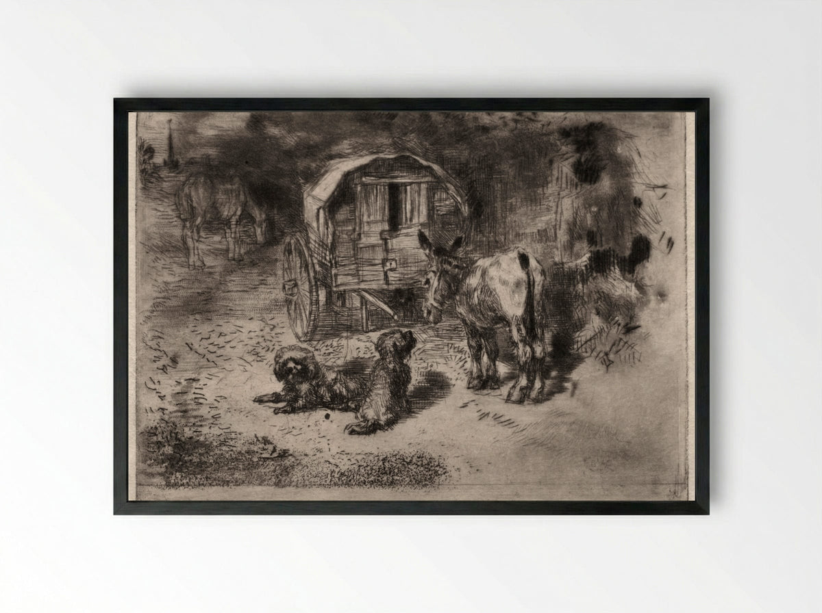 The Guardians of the House, or the Friends of the Saltimbanque - Félix Hilaire Buhot - Framed Print Black