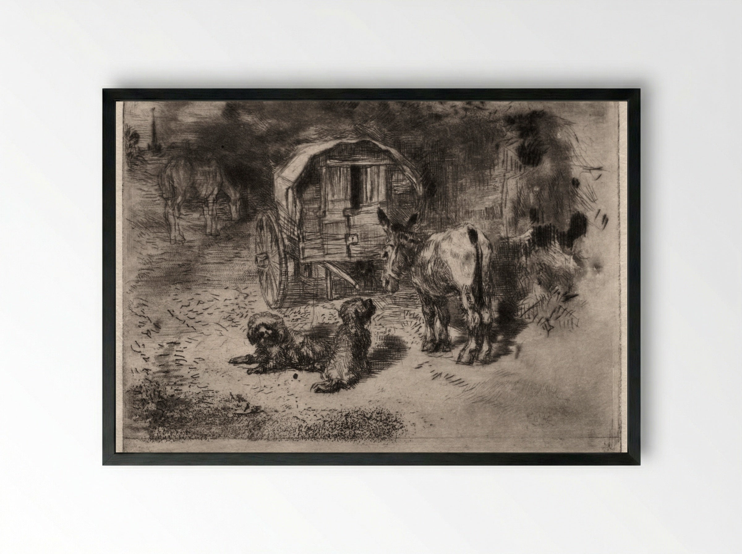 The Guardians of the House, or the Friends of the Saltimbanque - Félix Hilaire Buhot - Framed Print Black