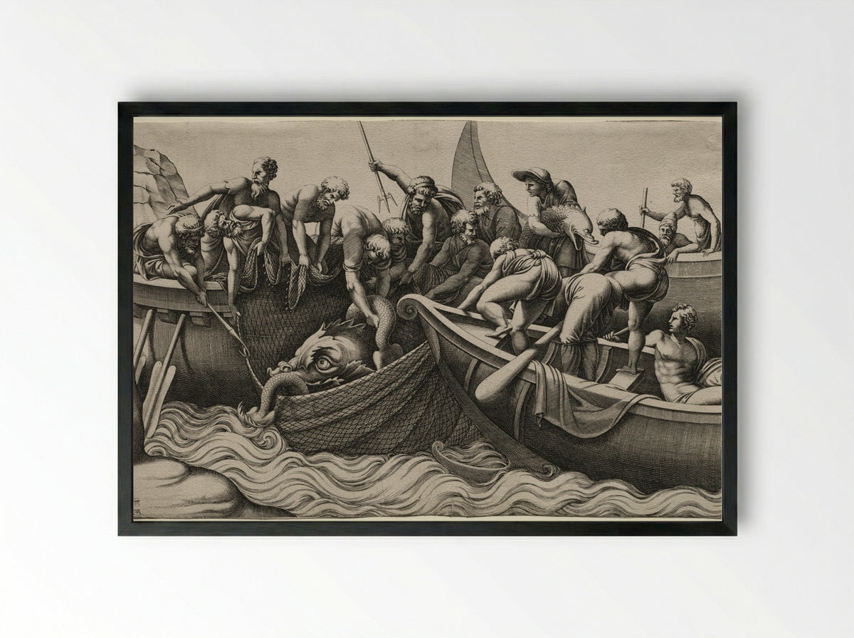The Haul of Monstrous Fish - Adamo Scultori - Framed Print Black