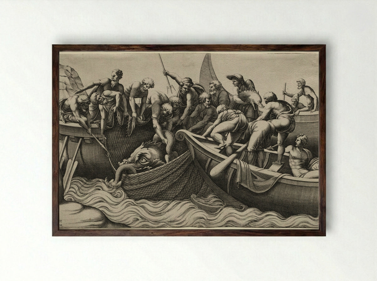 The Haul of Monstrous Fish - Adamo Scultori - Framed Print Dark Wood