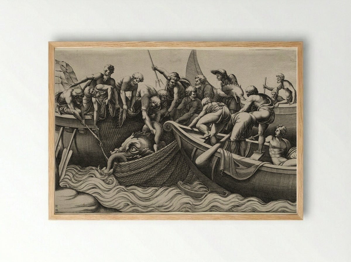The Haul of Monstrous Fish - Adamo Scultori - Framed Print Wood
