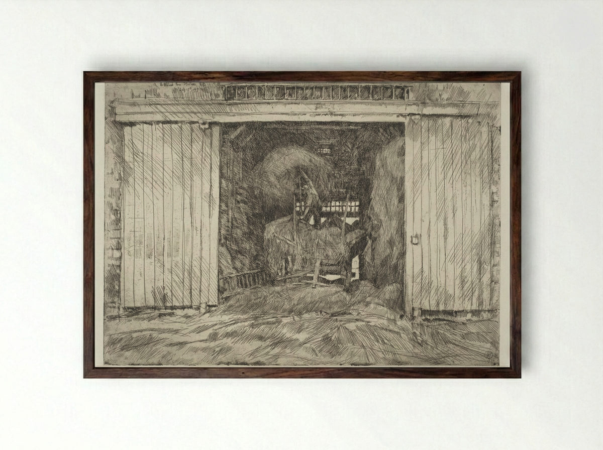 The Hay Barn - Childe Hassam - Framed Print Dark Wood