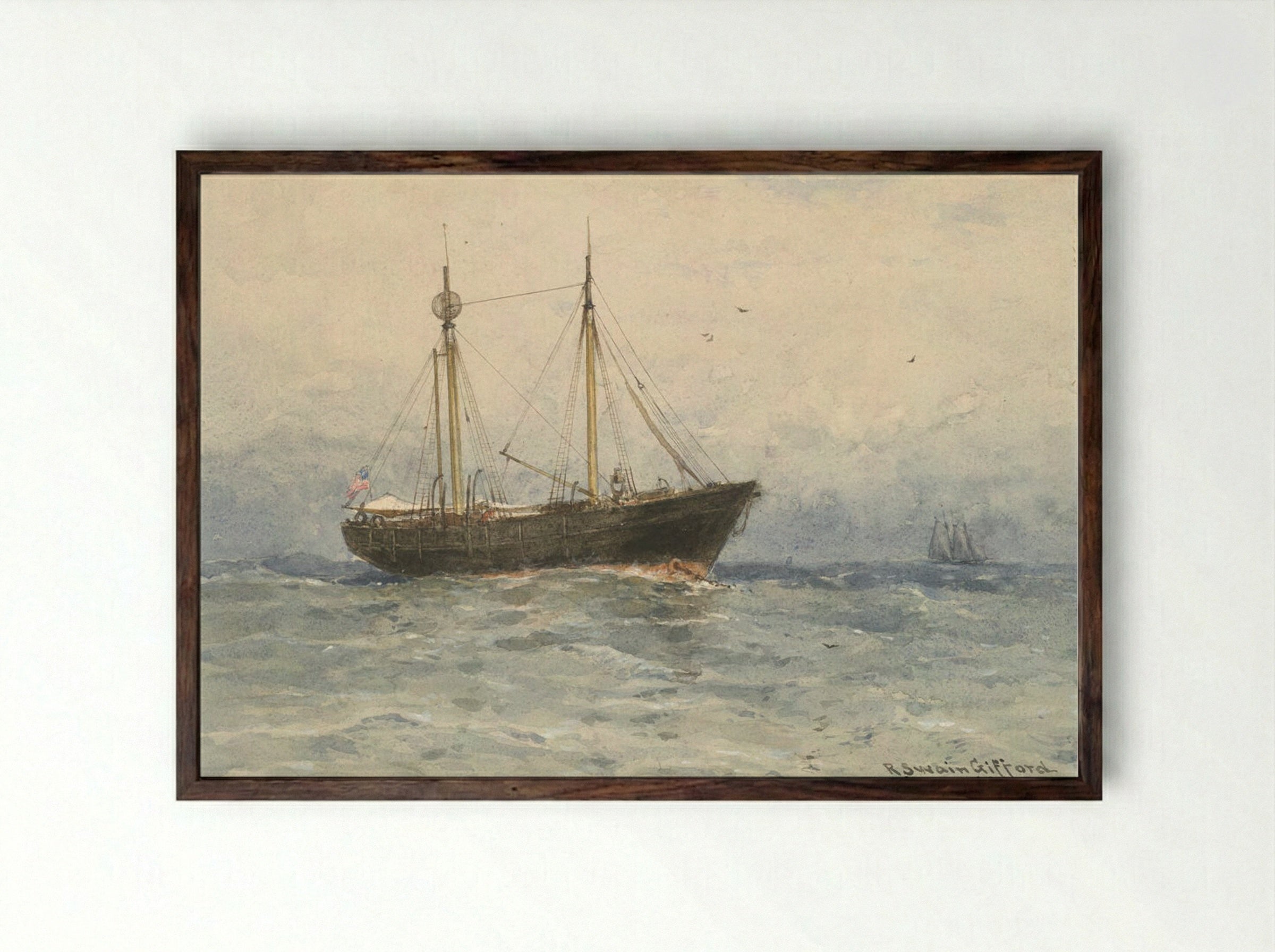 The Hen and Chickens Lightship off Westport, Massachusetts - Robert Swain Gifford - Framed Print Dark Wood