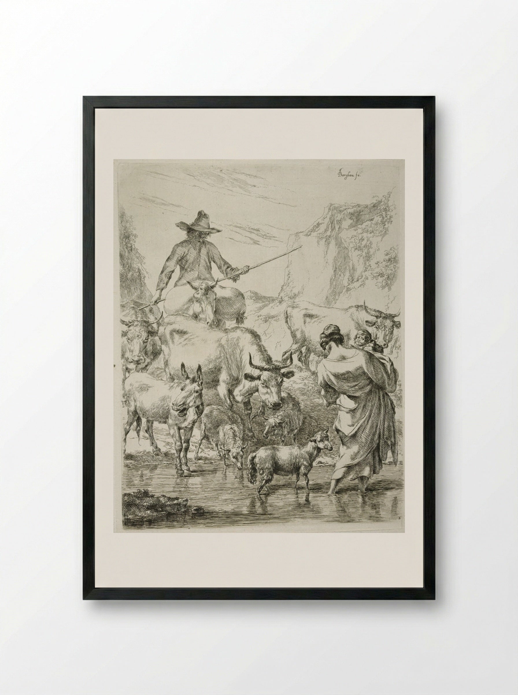 The Herd, Crossing the Brook - Nicolaes Berchem the Elder - Framed Print Black