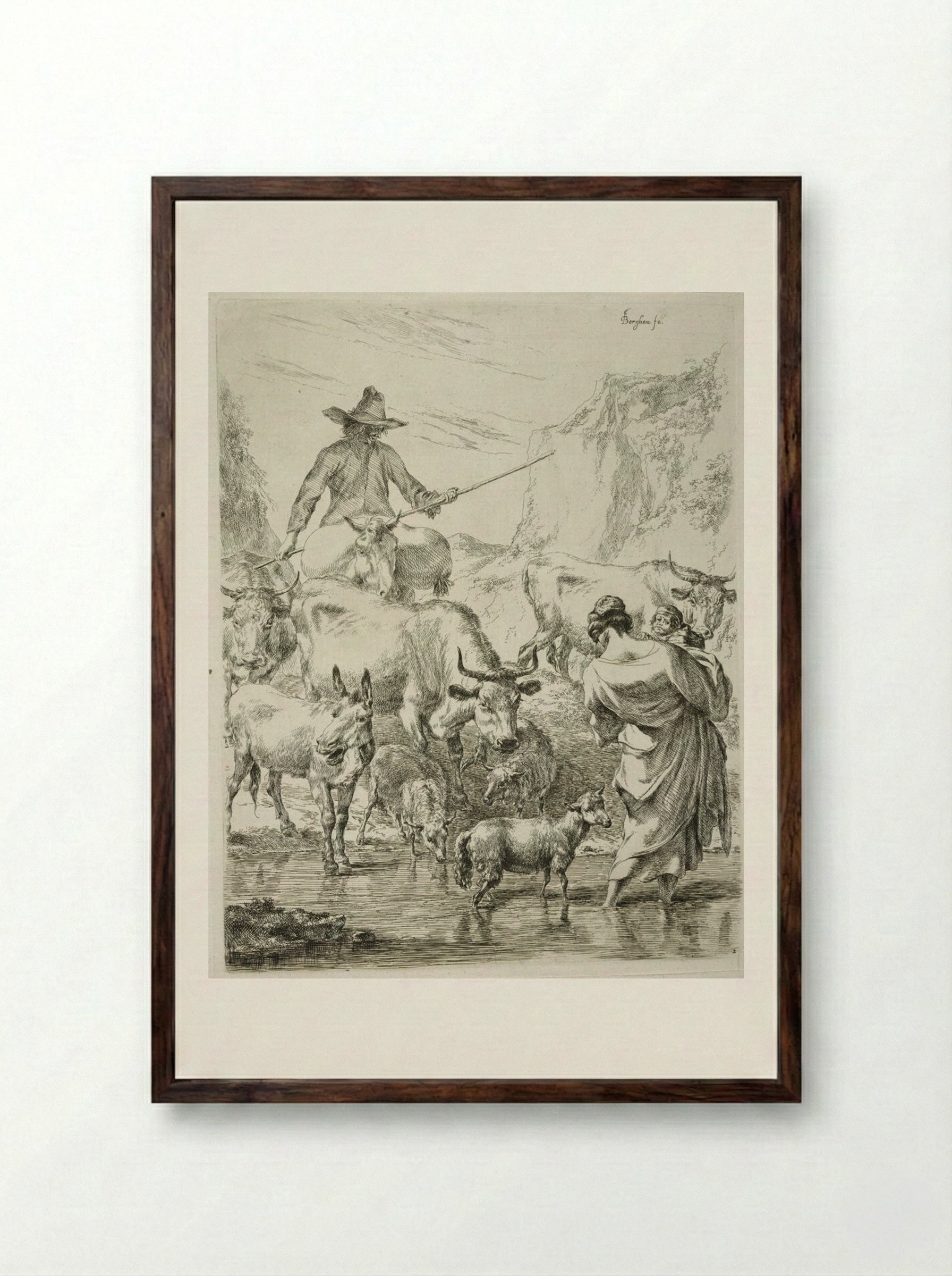 The Herd, Crossing the Brook - Nicolaes Berchem the Elder - Framed Print Dark Wood