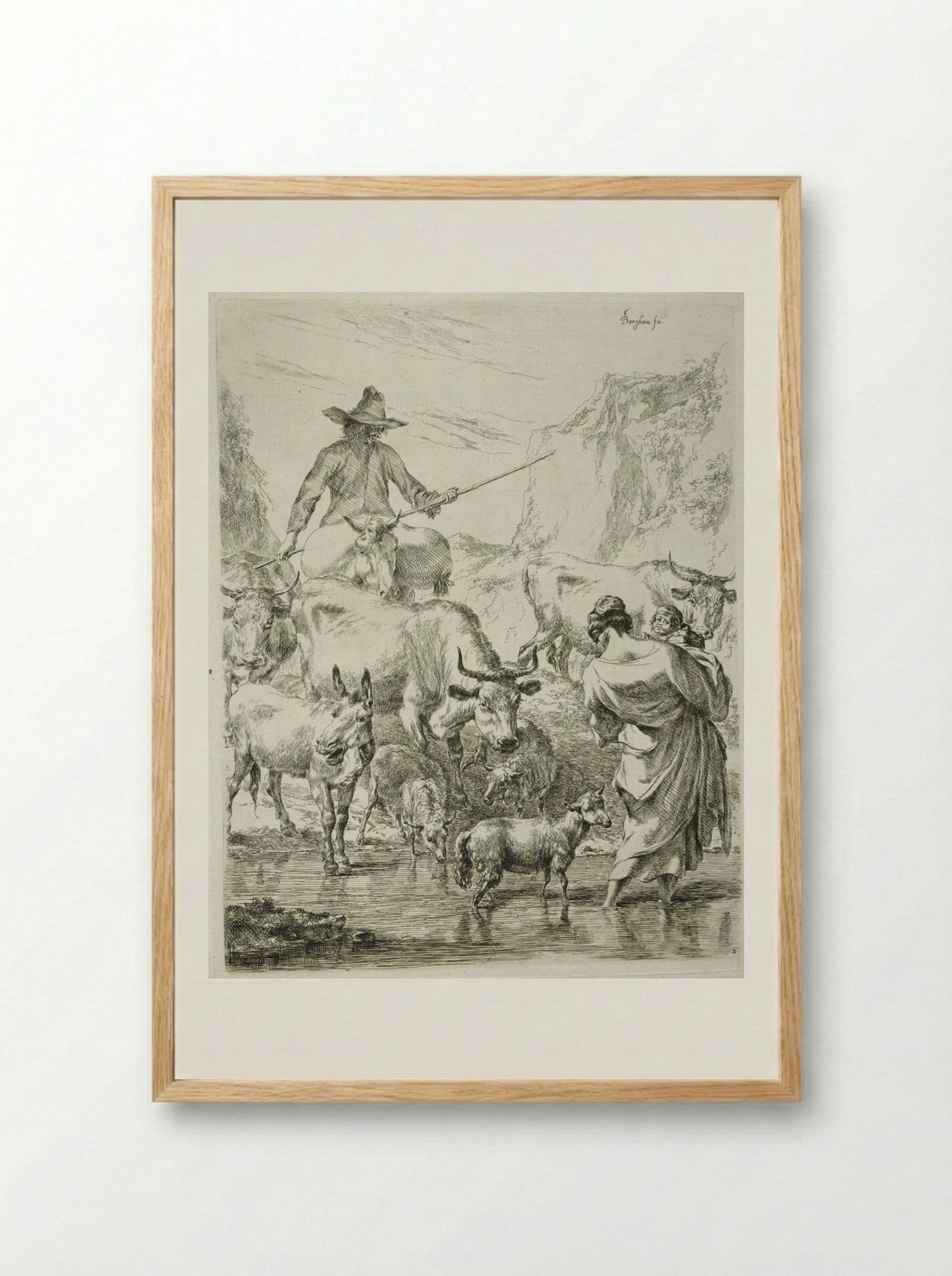 The Herd, Crossing the Brook - Nicolaes Berchem the Elder - Framed Print Wood