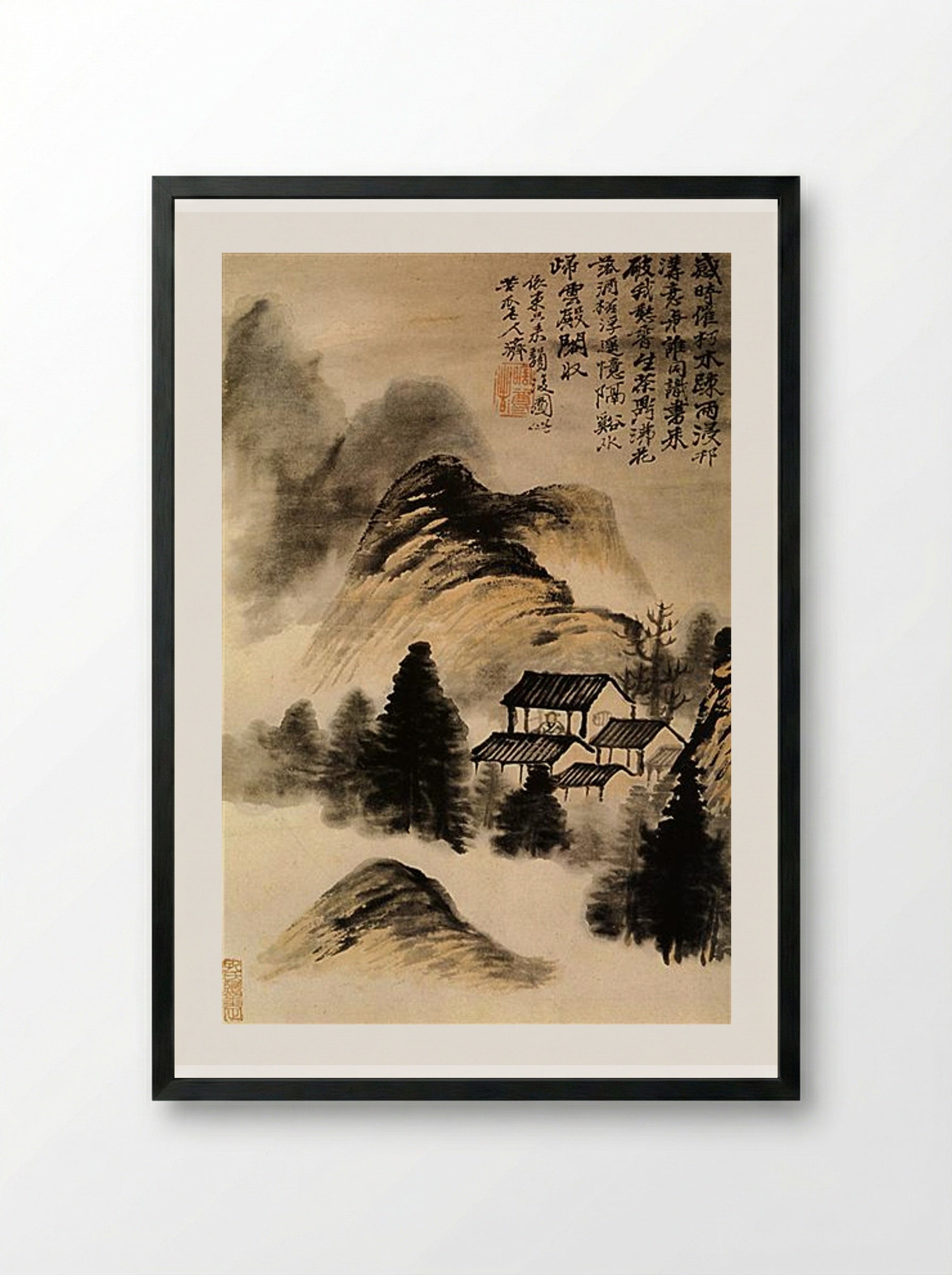 The Hermit Lodge in the Middle of the Table - Shitao - Framed Print Black