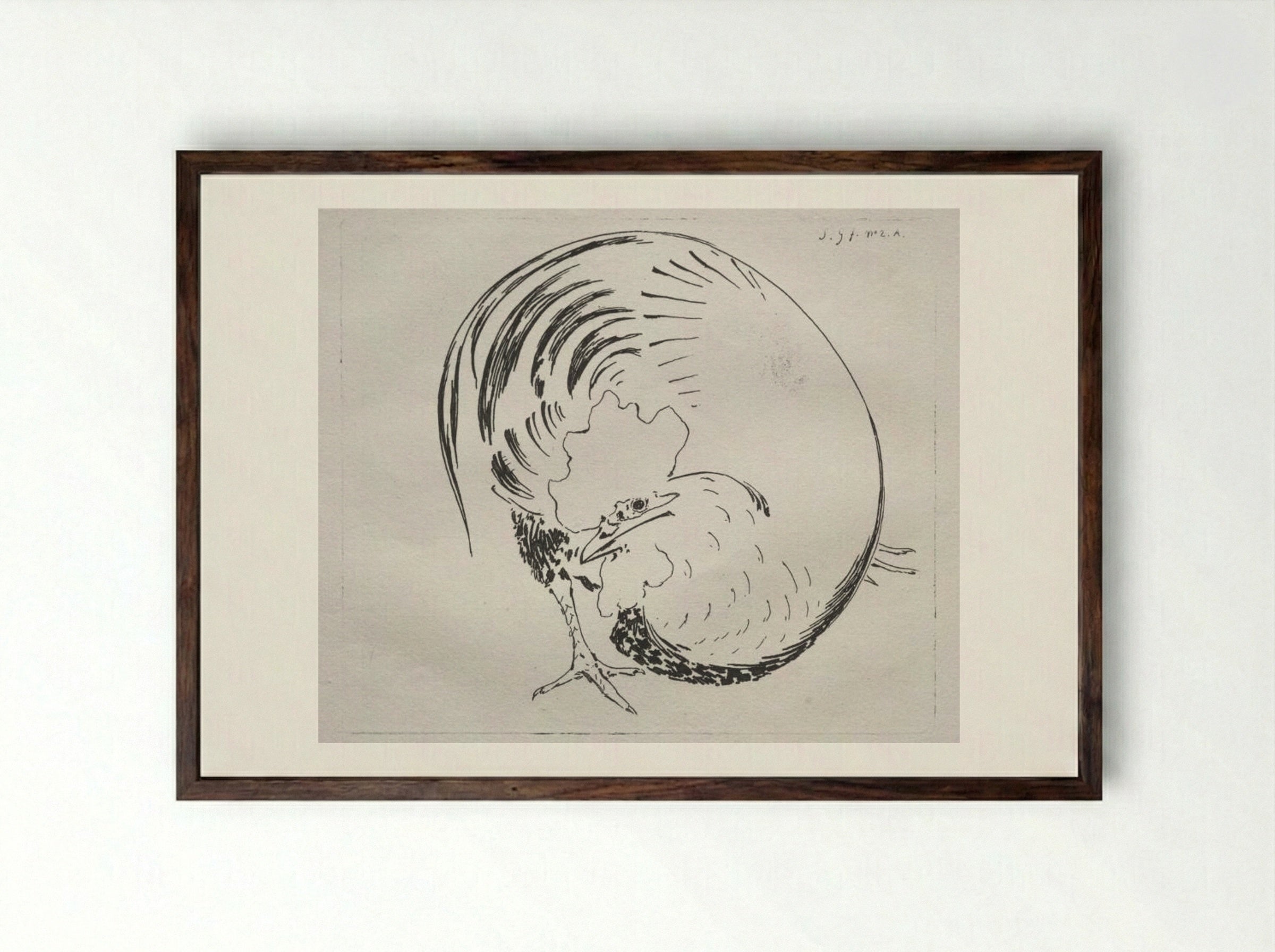 The High-Fired Service: Rooster (counterproof) - Félix Bracquemond - Framed Print Dark Wood