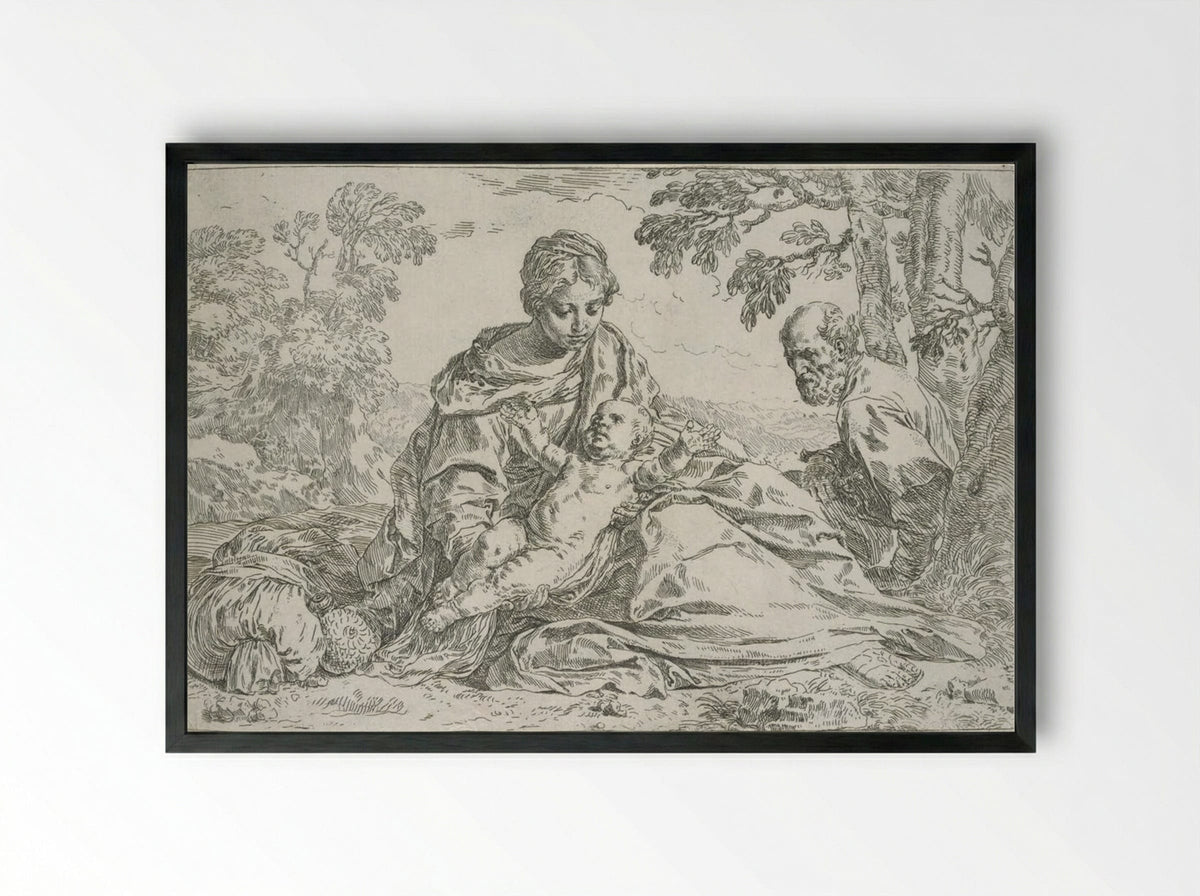 The Holy Family Resting in Egypt - Simone Cantarini - Framed Print Black