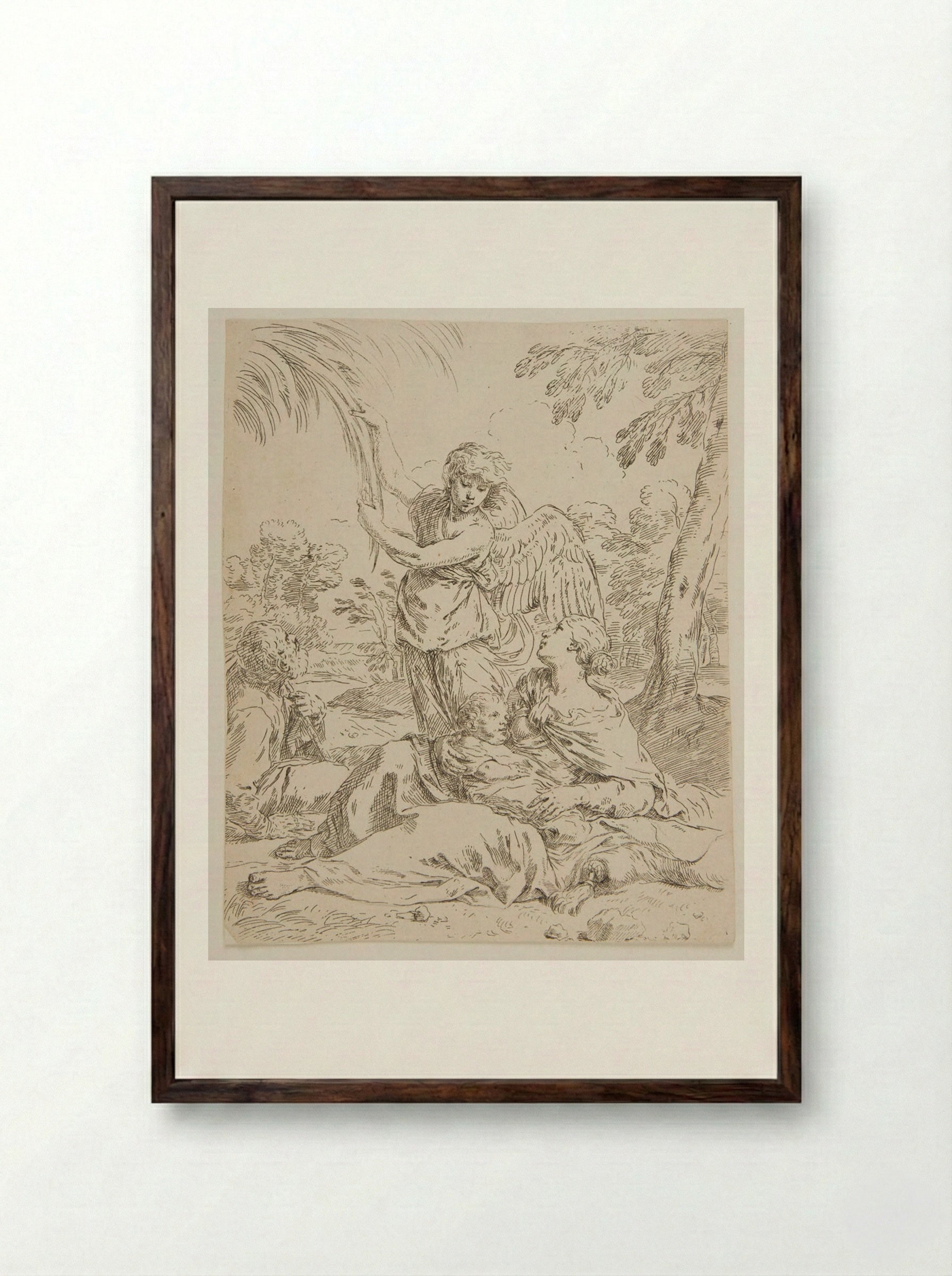 The Holy Family at Rest in Egypt - Simone Cantarini - Framed Print Dark Wood