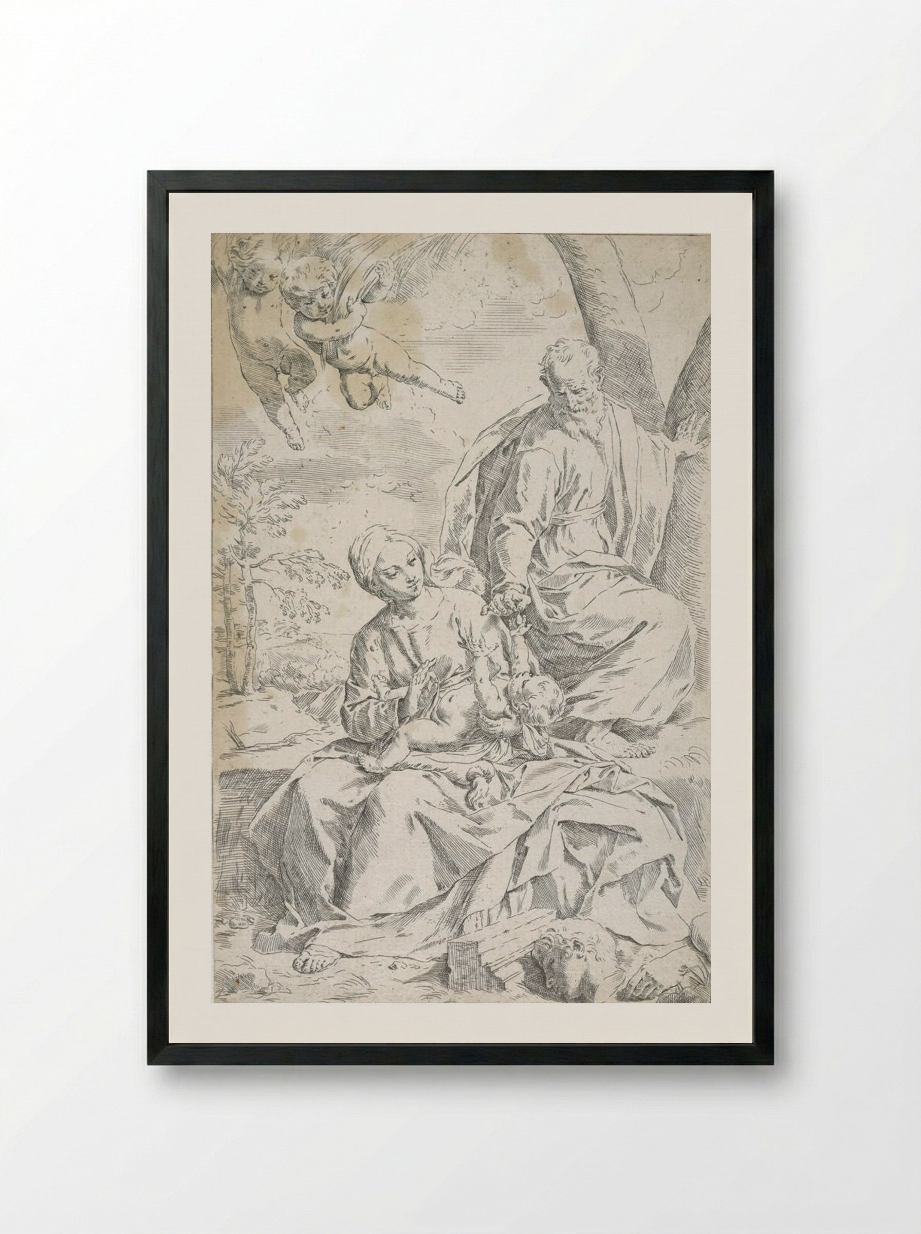The Holy Family at Rest on the Flight into Egypt - Simone Cantarini - Framed Print Black