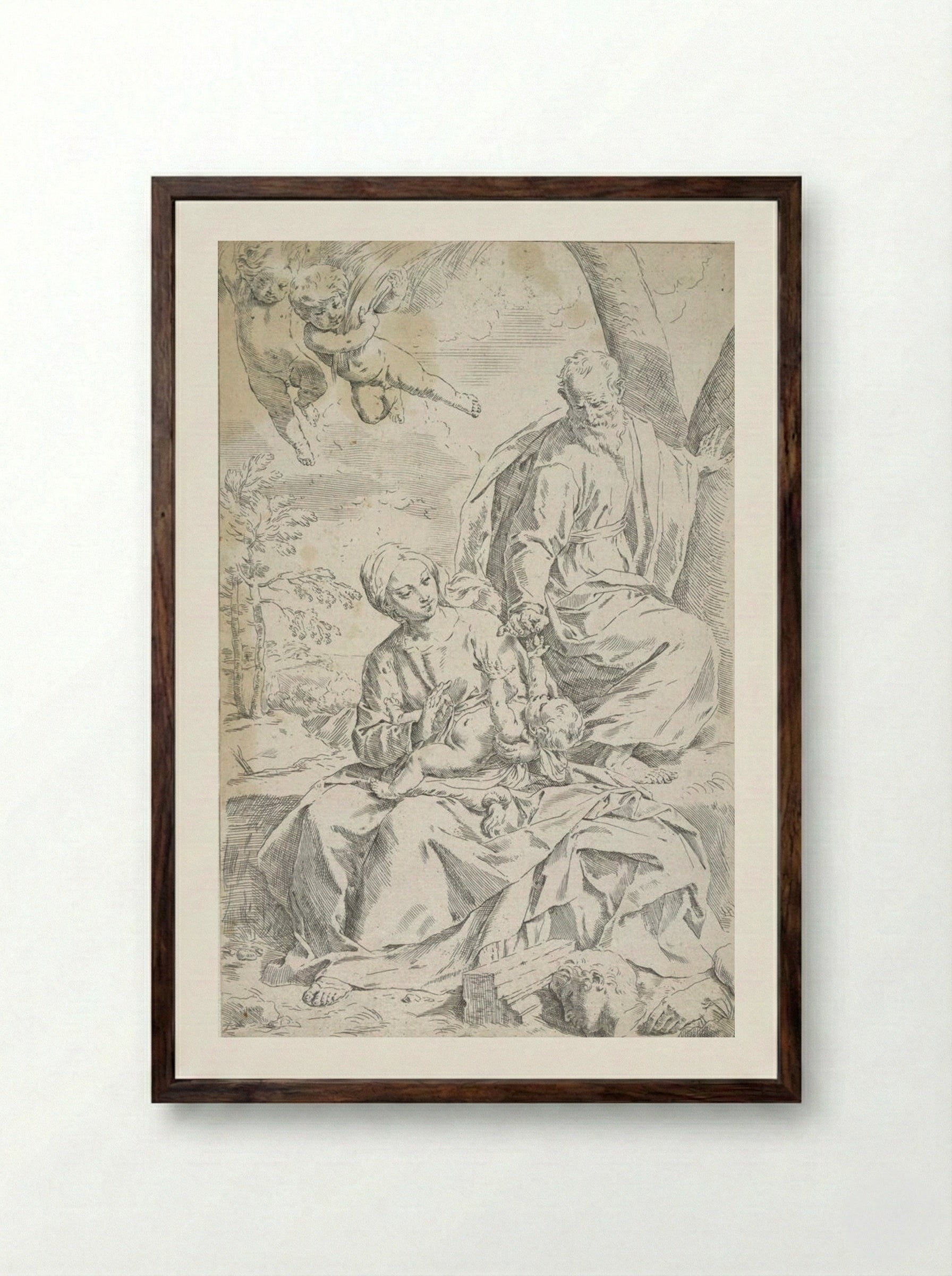 The Holy Family at Rest on the Flight into Egypt - Simone Cantarini - Framed Print Dark Wood