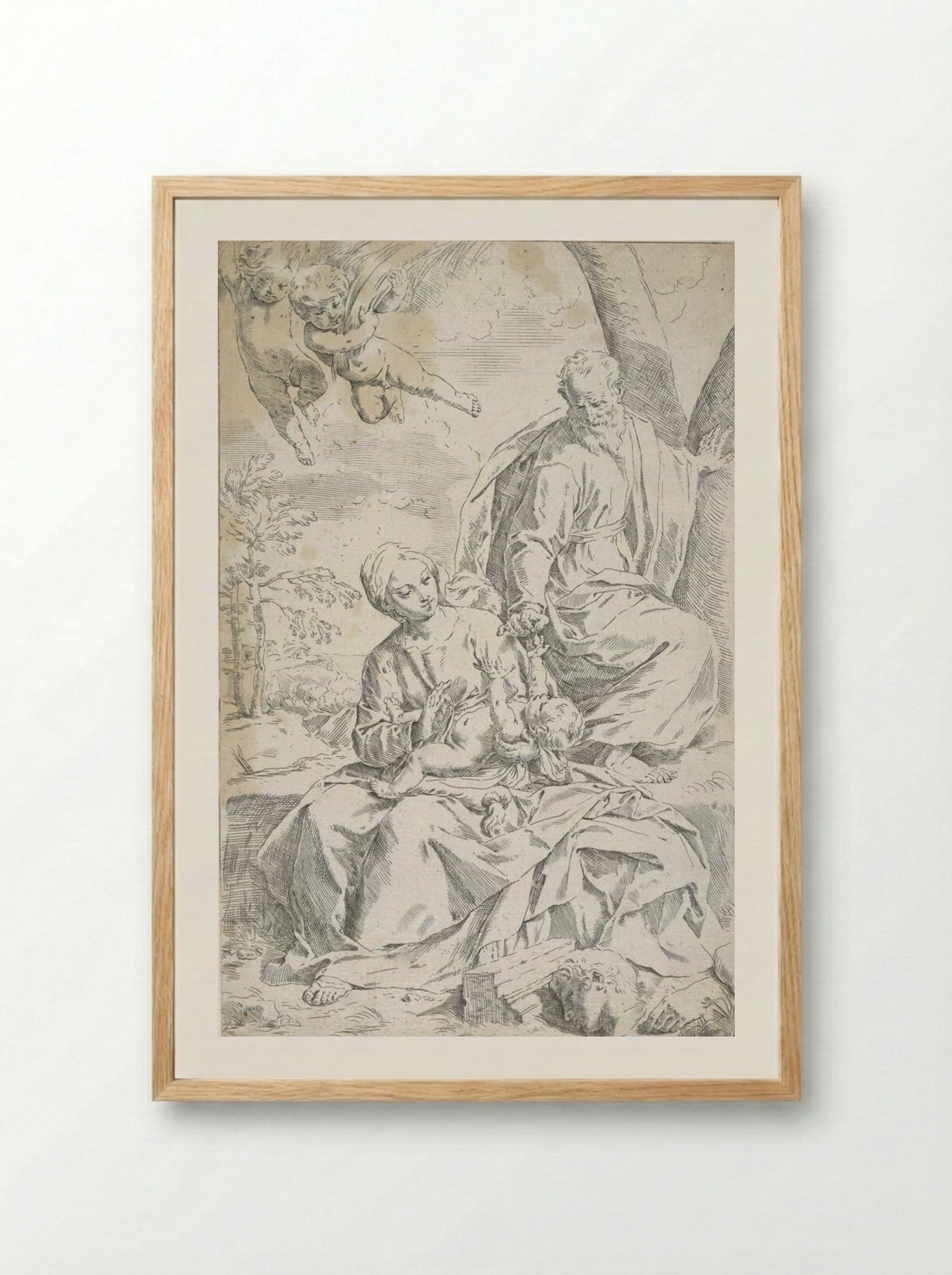 The Holy Family at Rest on the Flight into Egypt - Simone Cantarini - Framed Print Wood