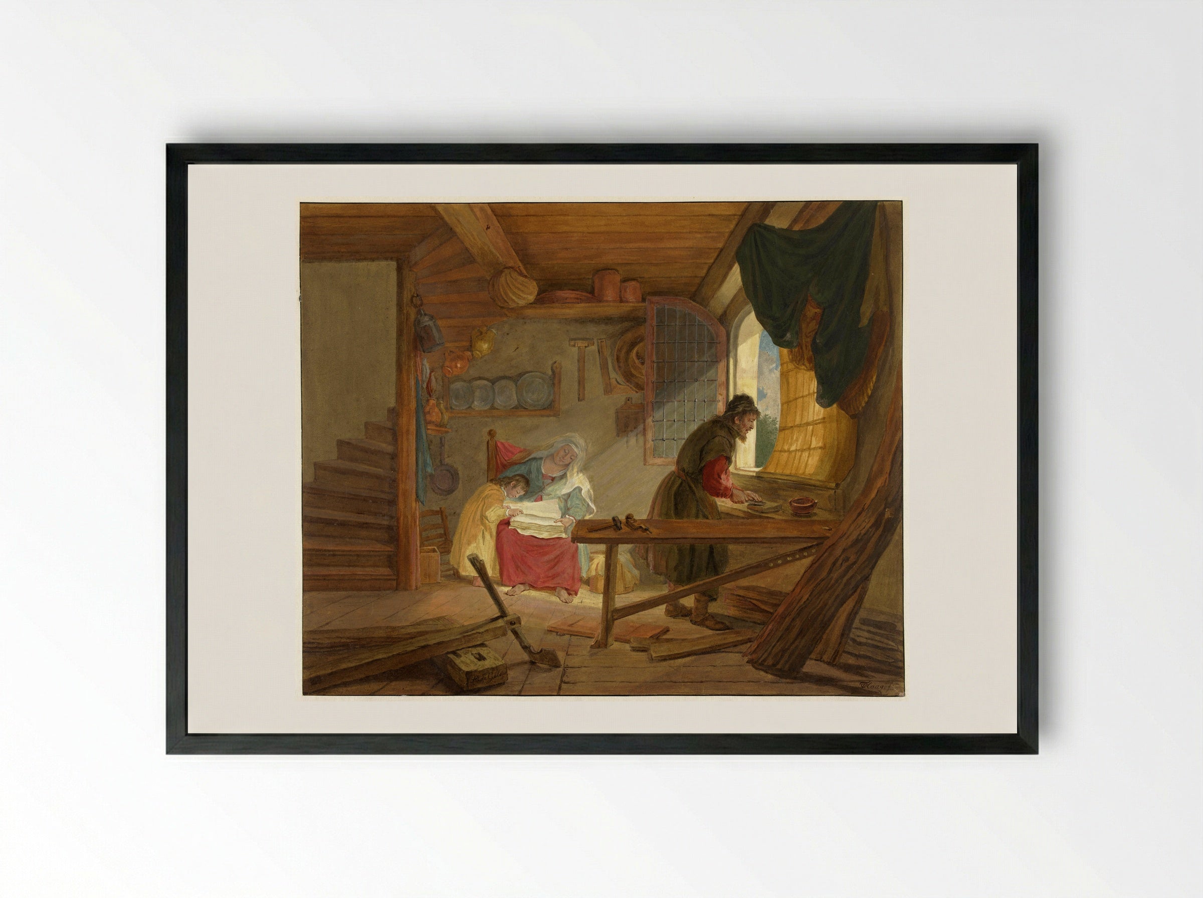 The Holy Family in Joseph's Workshop - Tethart Philip Christian Haag - Framed Print Black