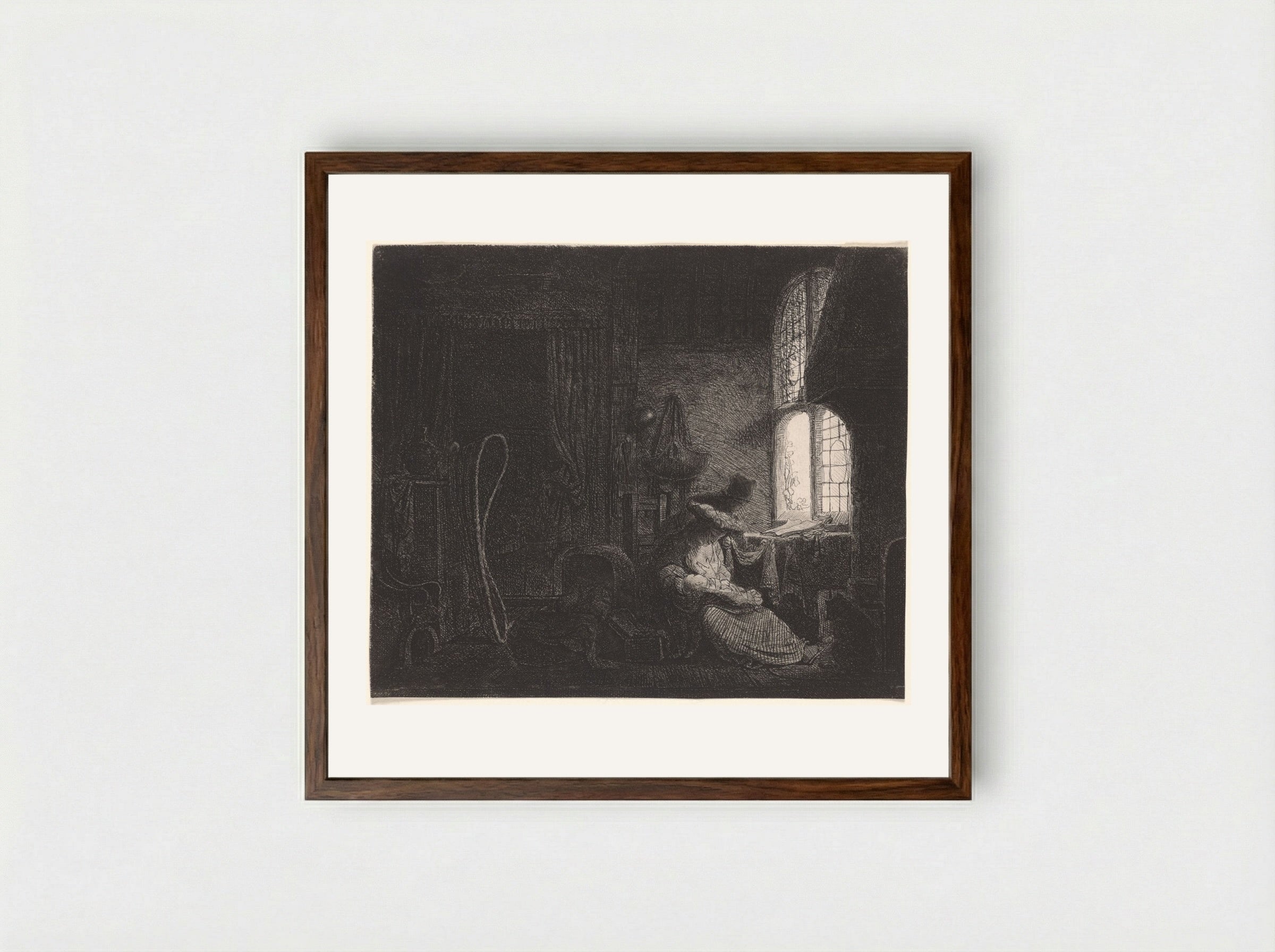 The Holy Family in an Interior - Ferdinand Bol - Framed Print Dark Wood