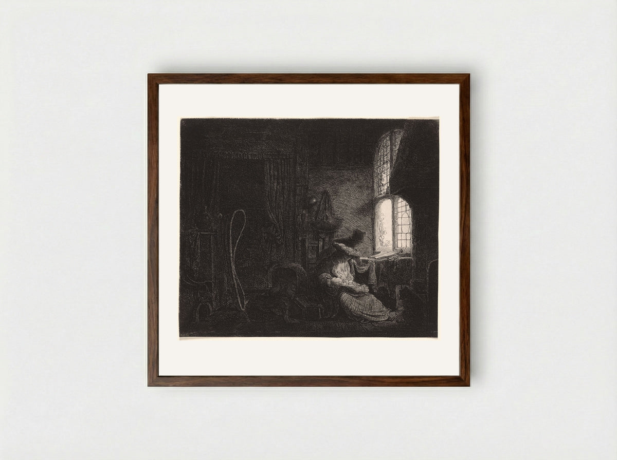 The Holy Family in an Interior - Ferdinand Bol - Framed Print Dark Wood