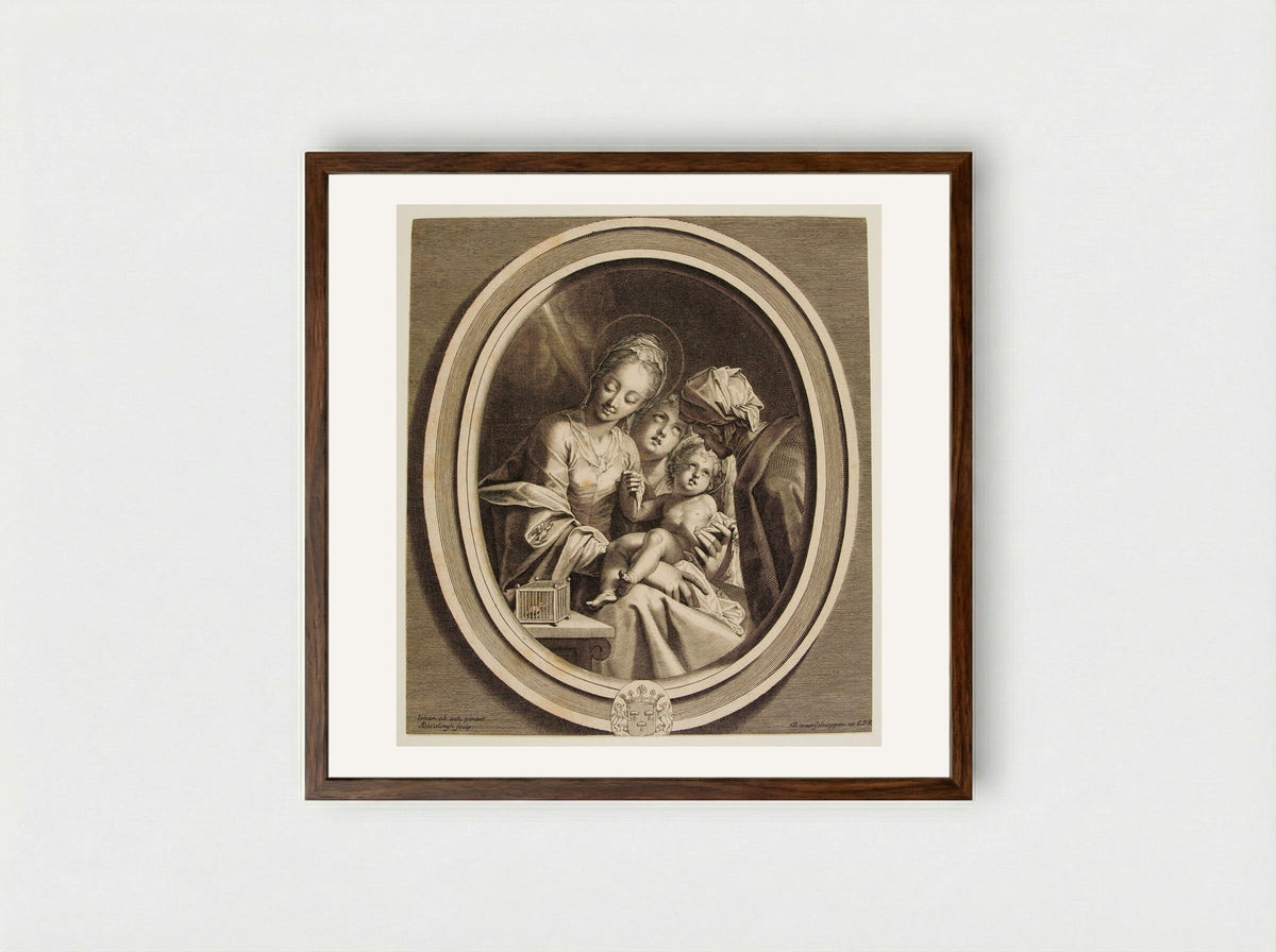 The Holy Family with Bird Cage - Abraham Bloteling - Framed Print Dark Wood