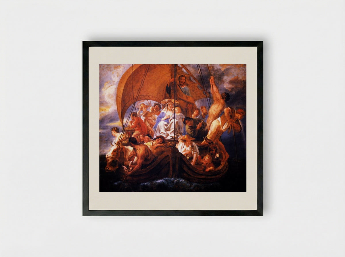 The Holy Family with Characters and Animals in a Boat - Jacob Jordaens - Framed Print Black