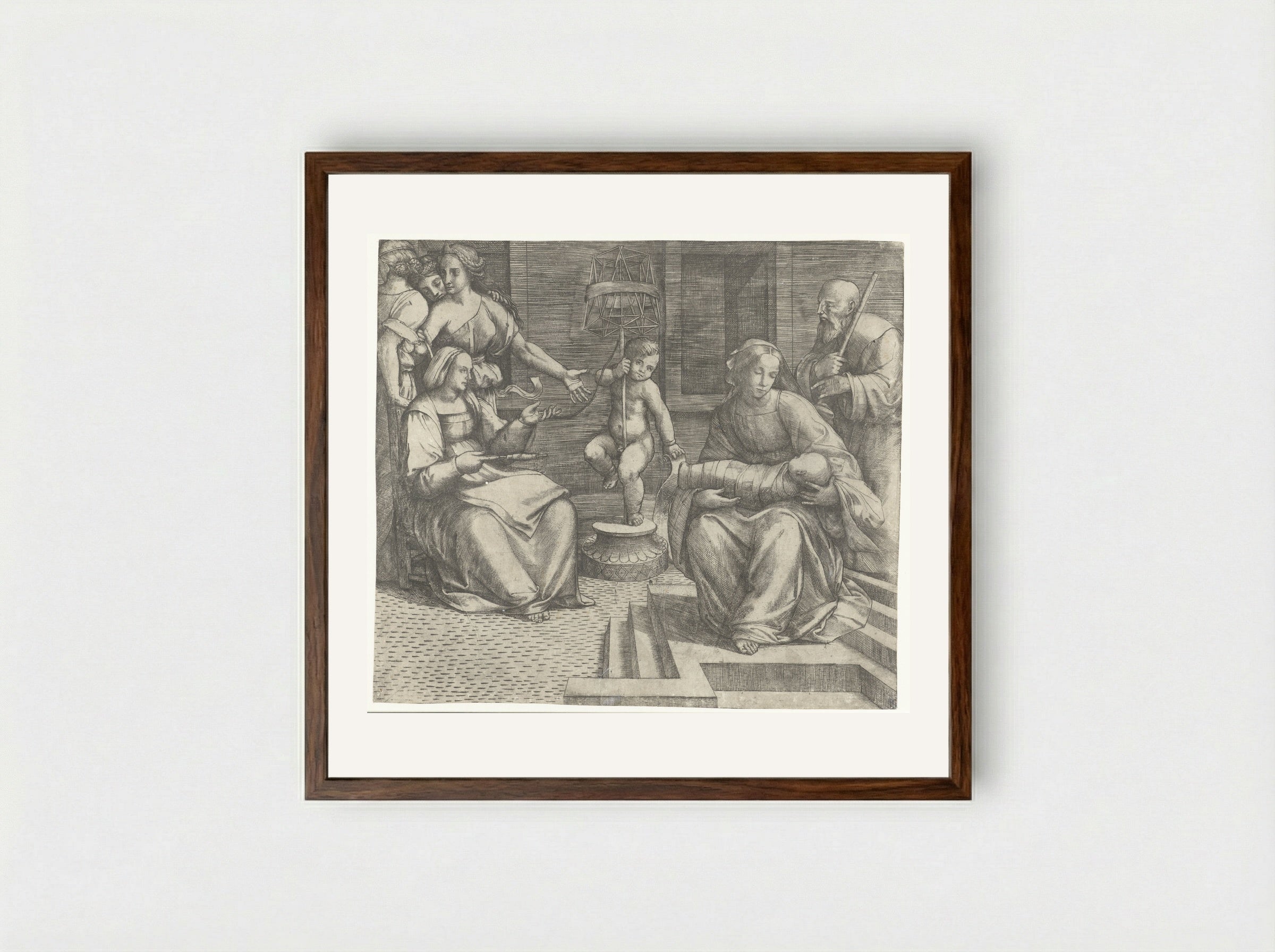 The Holy Family with Saint Elizabeth and the Infant Saint John the Baptist - Giacomo Francia - Framed Print Dark Wood