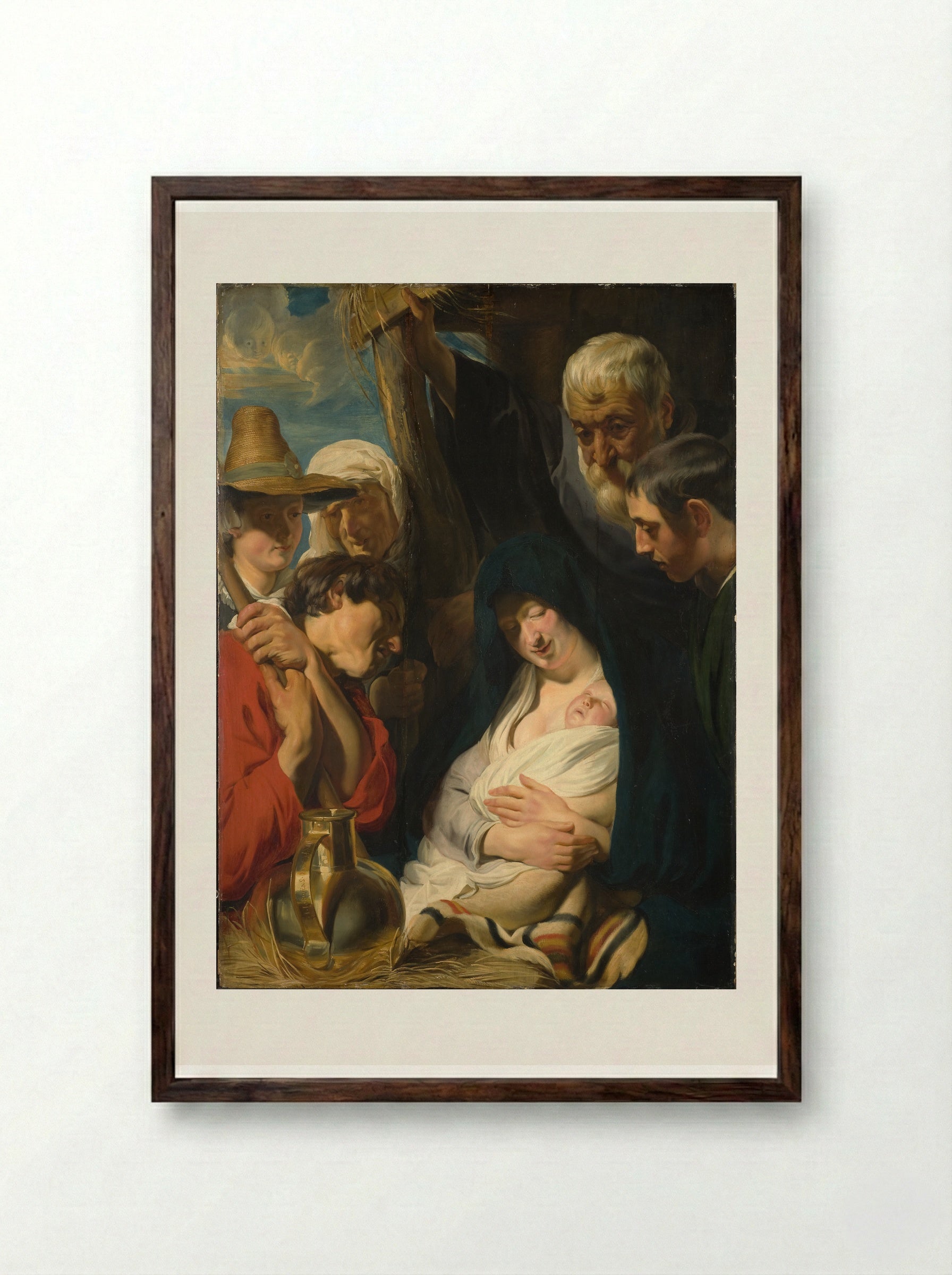 The Holy Family with Shepherds - Jacob Jordaens - Framed Print Dark Wood