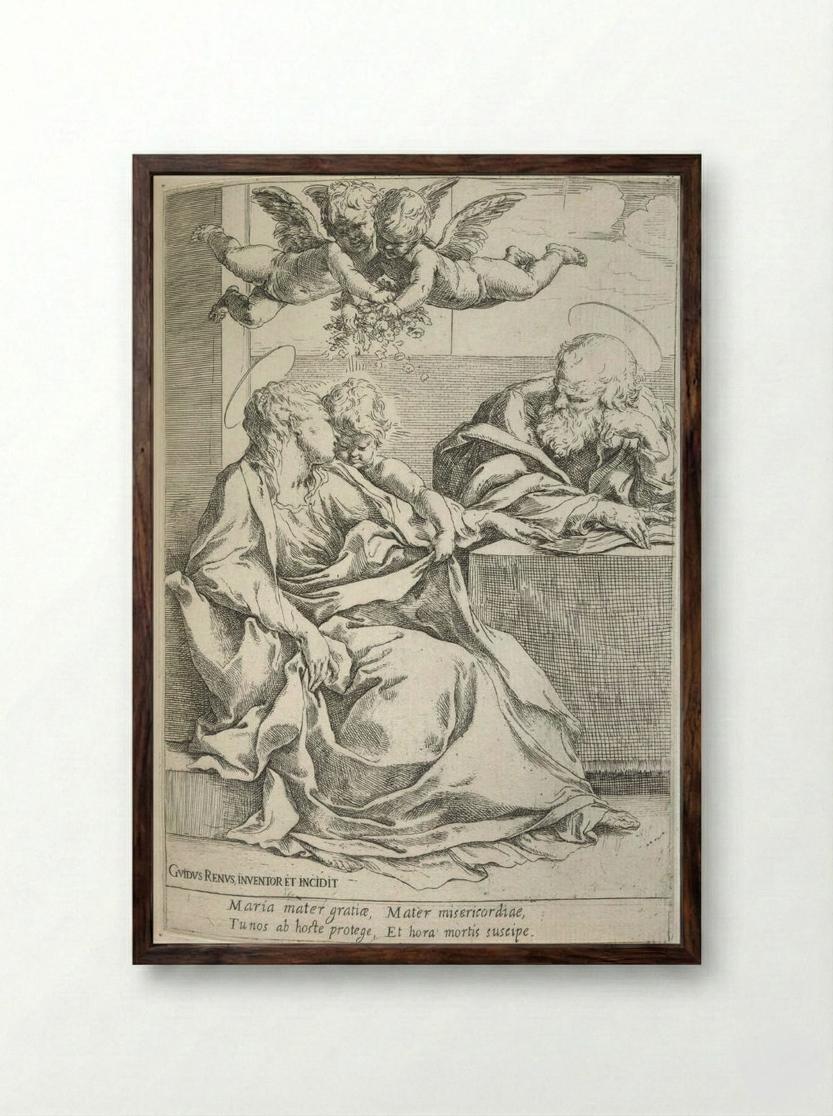 The Holy Family with Two Angels - Guido Reni - Framed Print Dark Wood