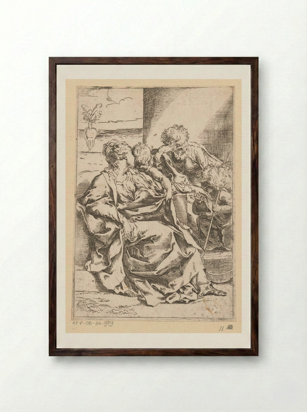 The Holy Family with the Infant Saint John the Baptist and a Vase - Guido Reni - Framed Print Dark Wood