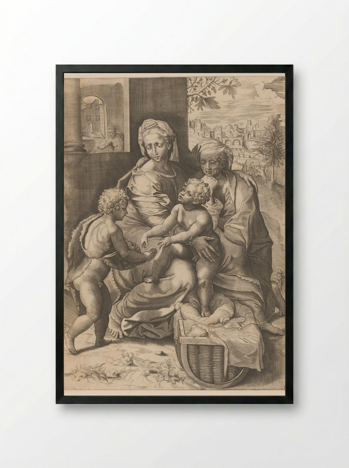 The Holy Family with the Infant Saint John the Baptist - Giulio Sanuto - Framed Print Black