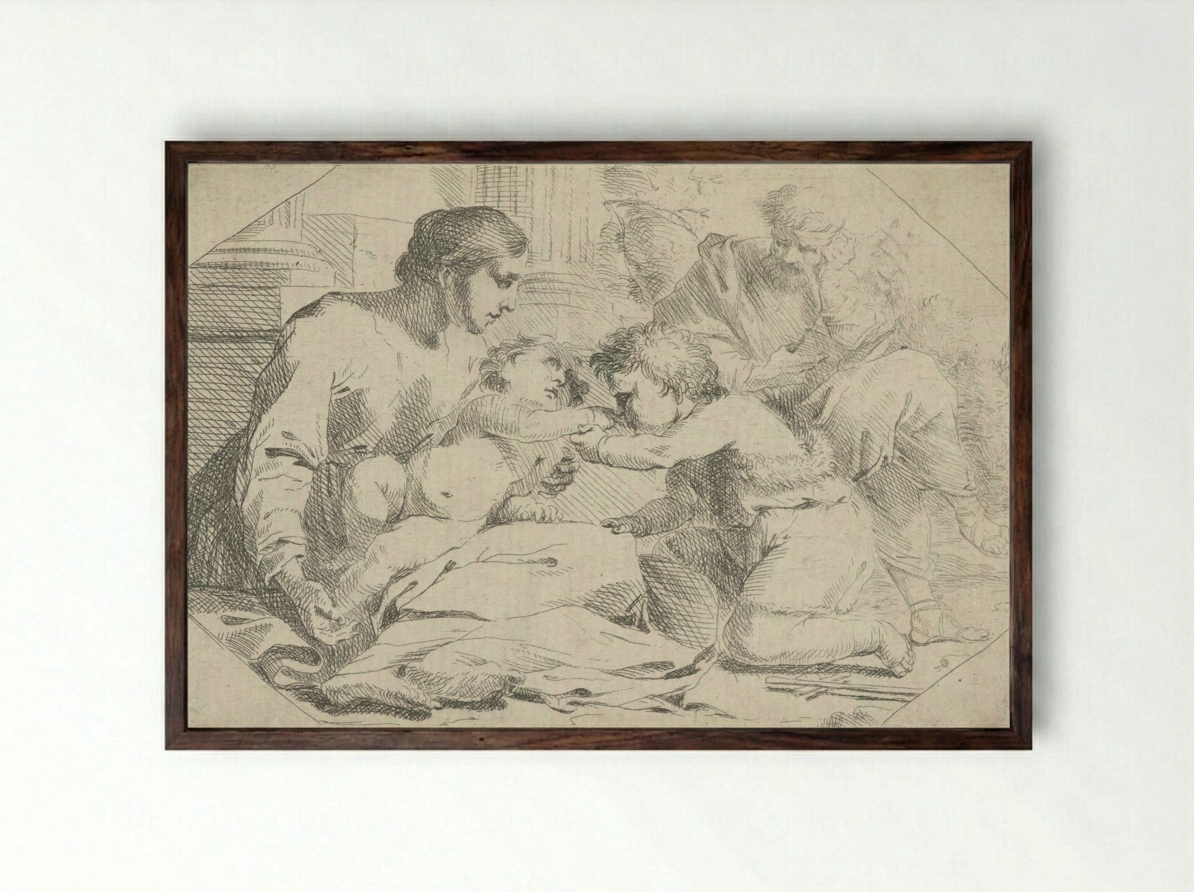 The Holy Family with the Infant Saint John the Baptist - Jan Miel - Framed Print Dark Wood