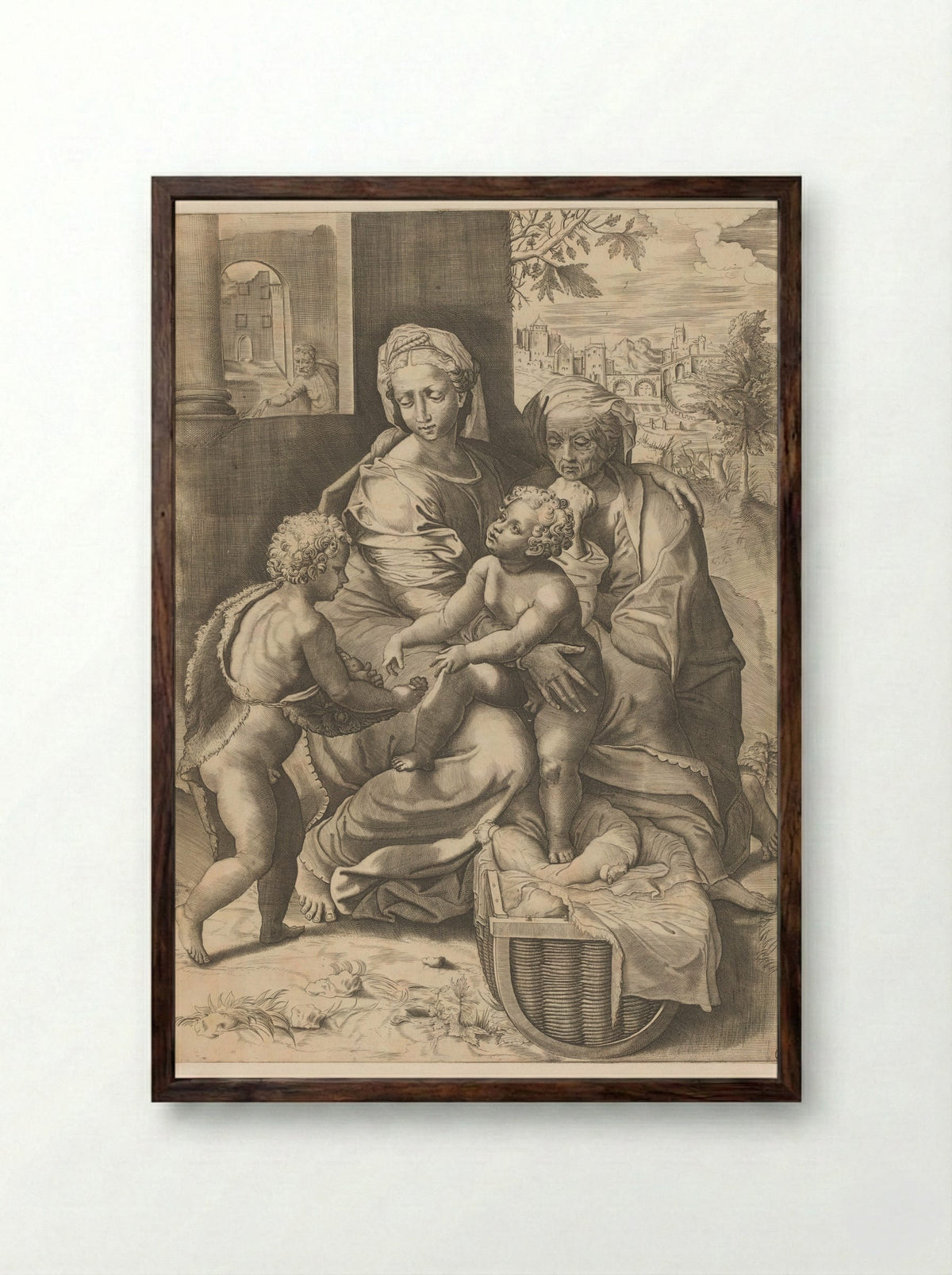 The Holy Family with the Infant Saint John the Baptist - Giulio Sanuto - Framed Print Dark Wood