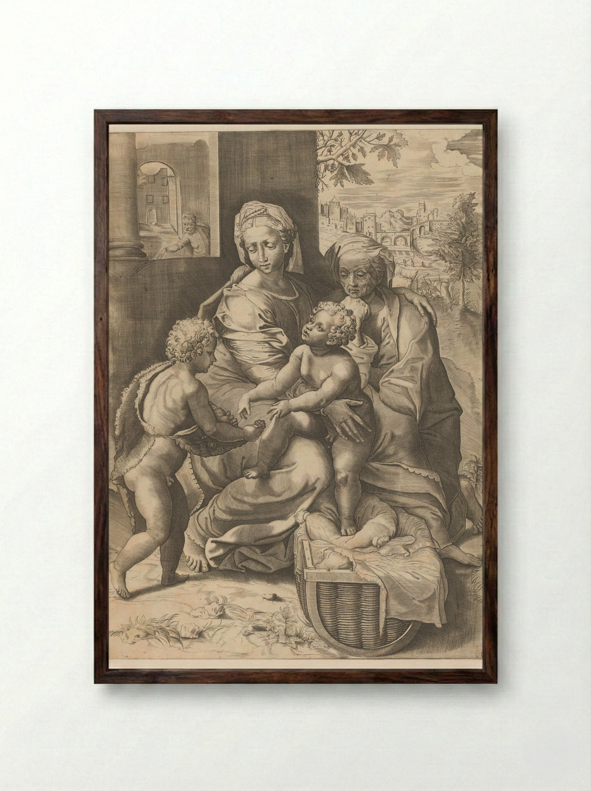 The Holy Family with the Infant Saint John the Baptist - Giulio Sanuto - Framed Print Dark Wood