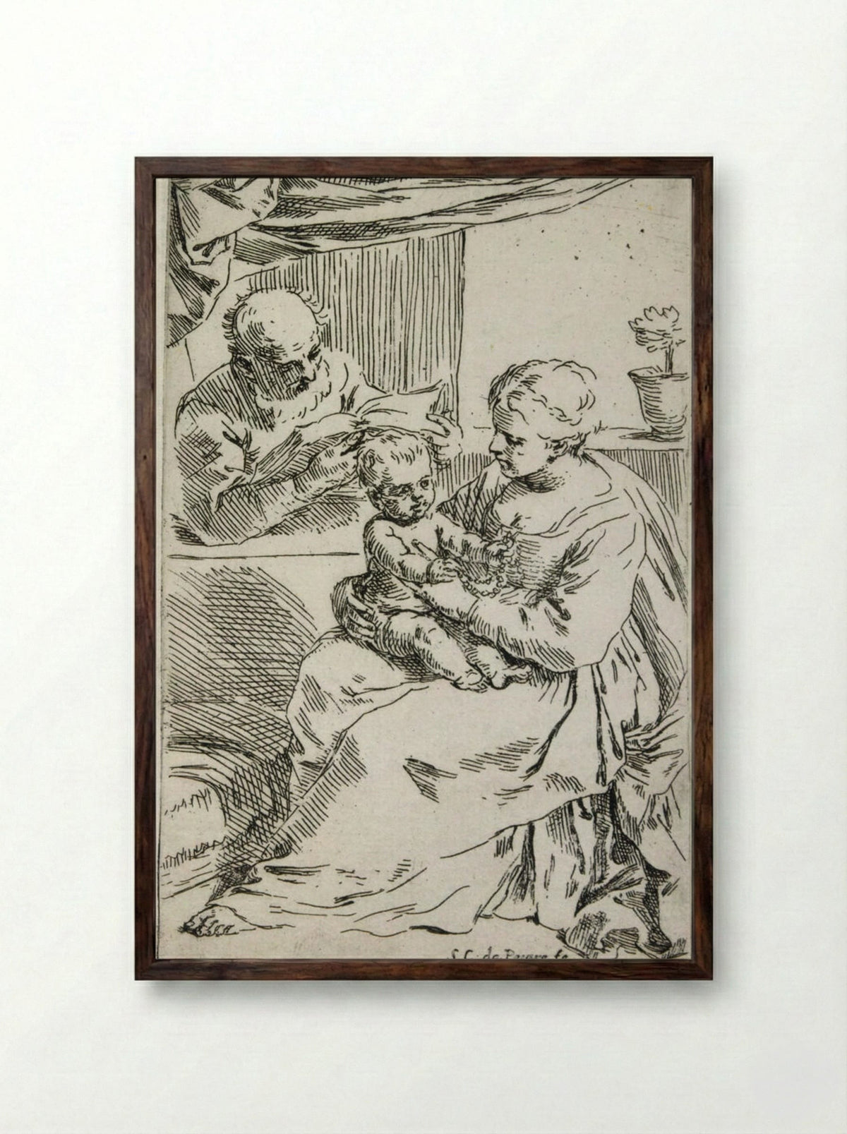 The Holy Family with the Rosary - Simone Cantarini - Framed Print Dark Wood