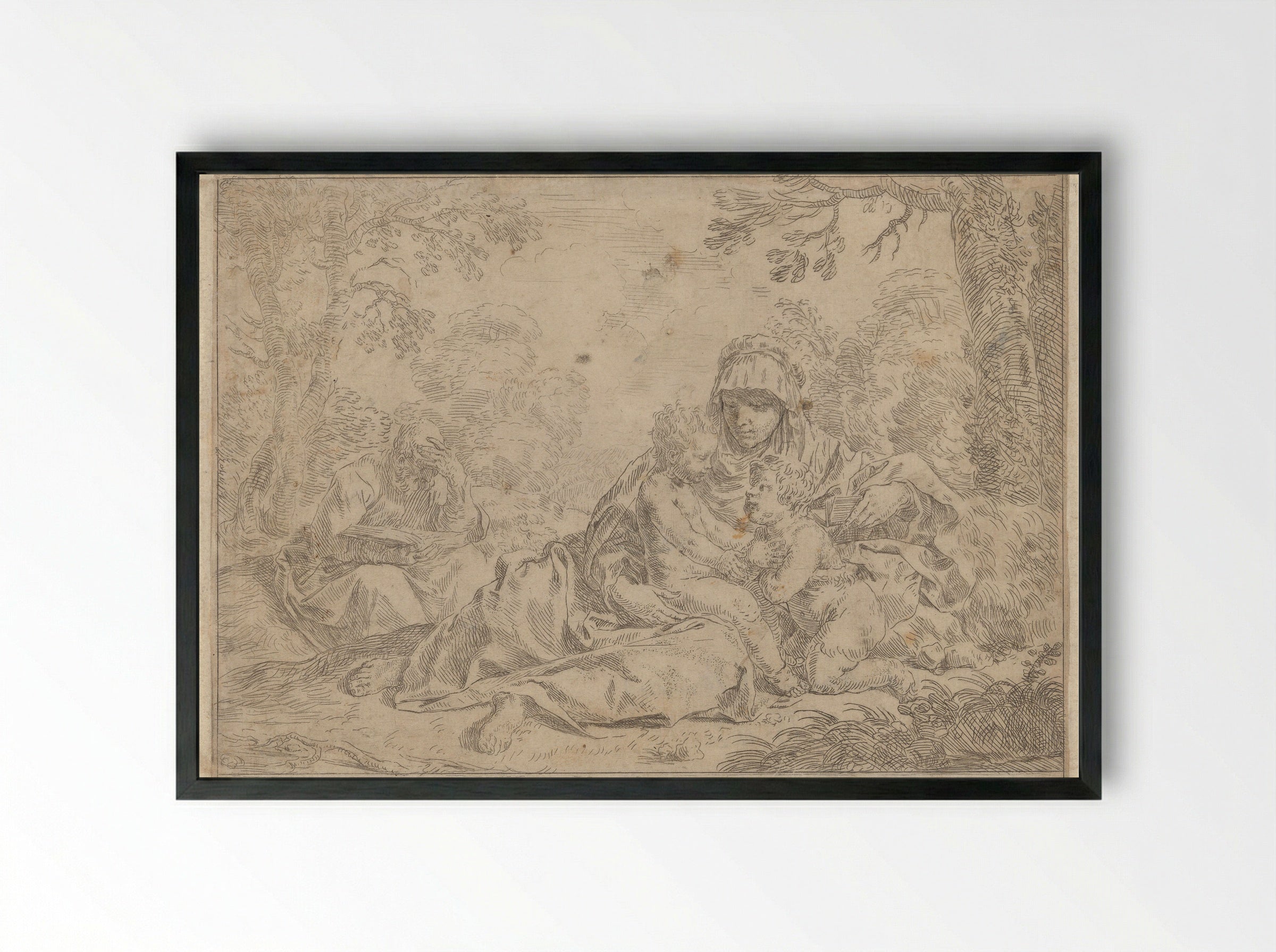 The Holy Family with the Young Saint John the Baptist - Simone Cantarini - Framed Print Black
