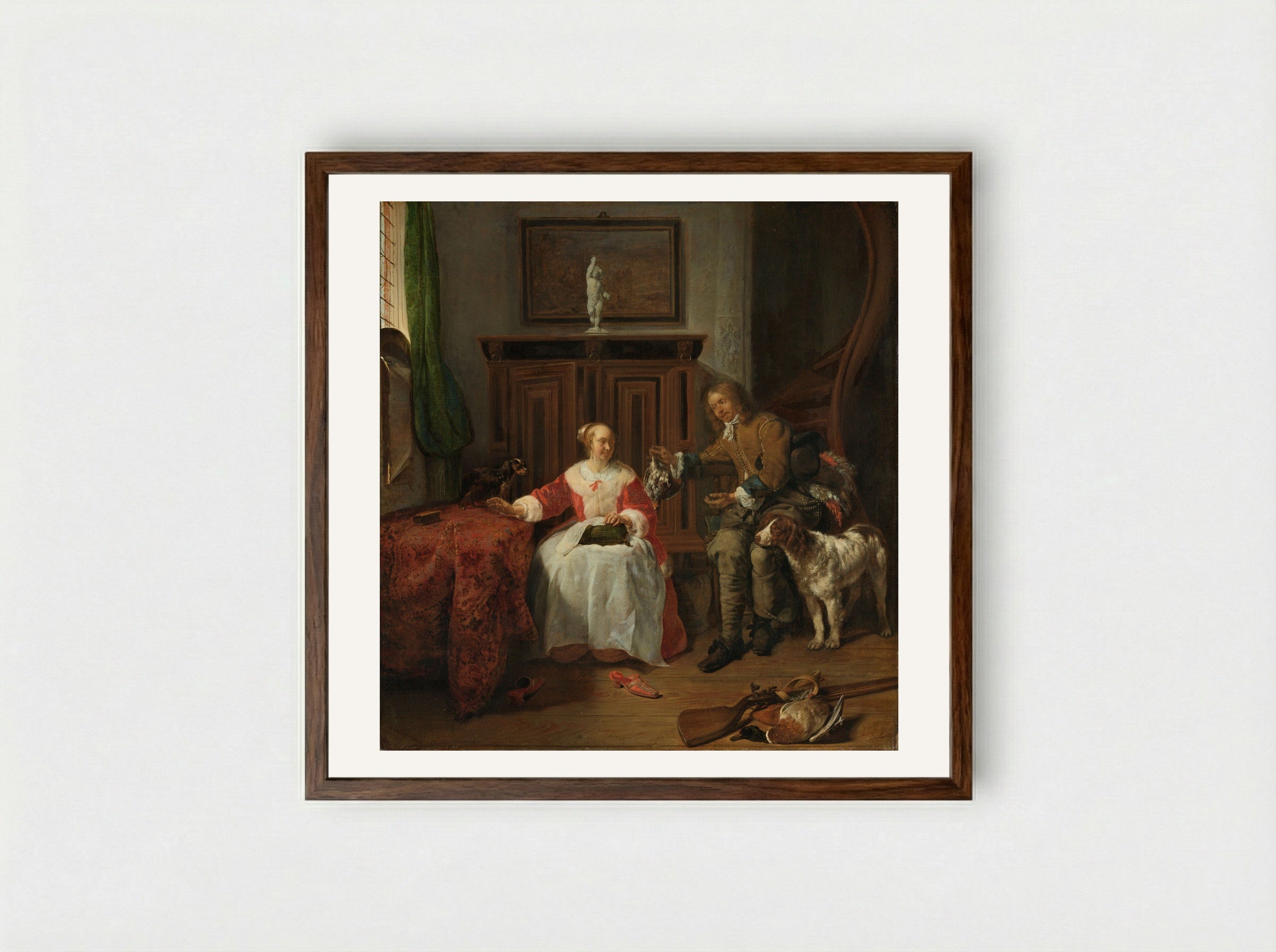 The Hunter's Present - Gabriël Metsu - Framed Print Dark Wood