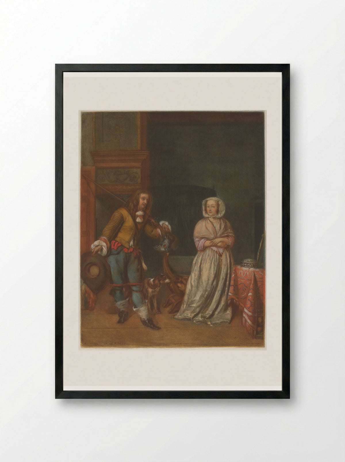 The Huntsman and the Lady - Gabriel Metsu - Framed Print Black