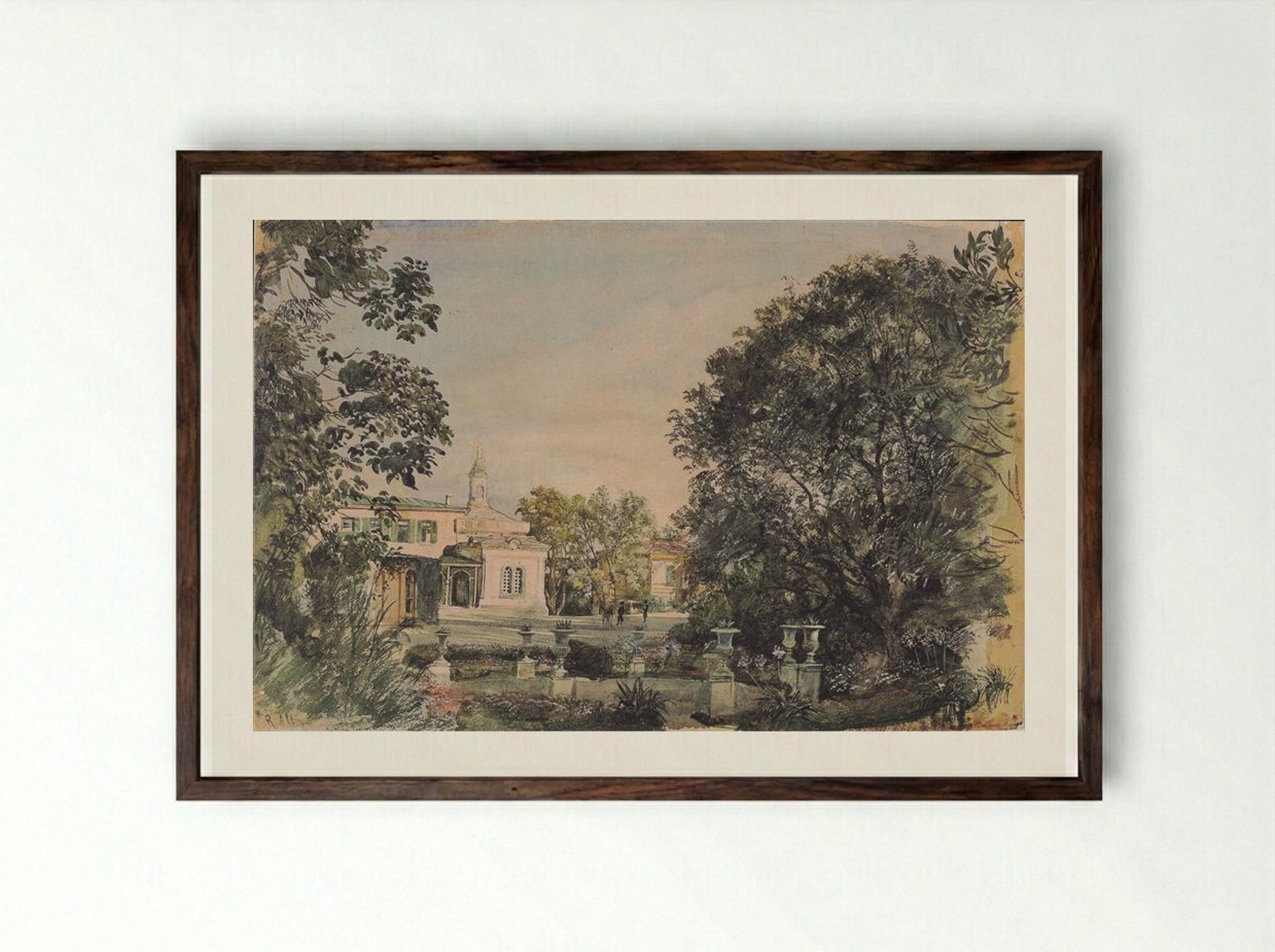 The Imperial Palace Livadia in the Crimea - Rudolf von Alt - Framed Print Dark Wood