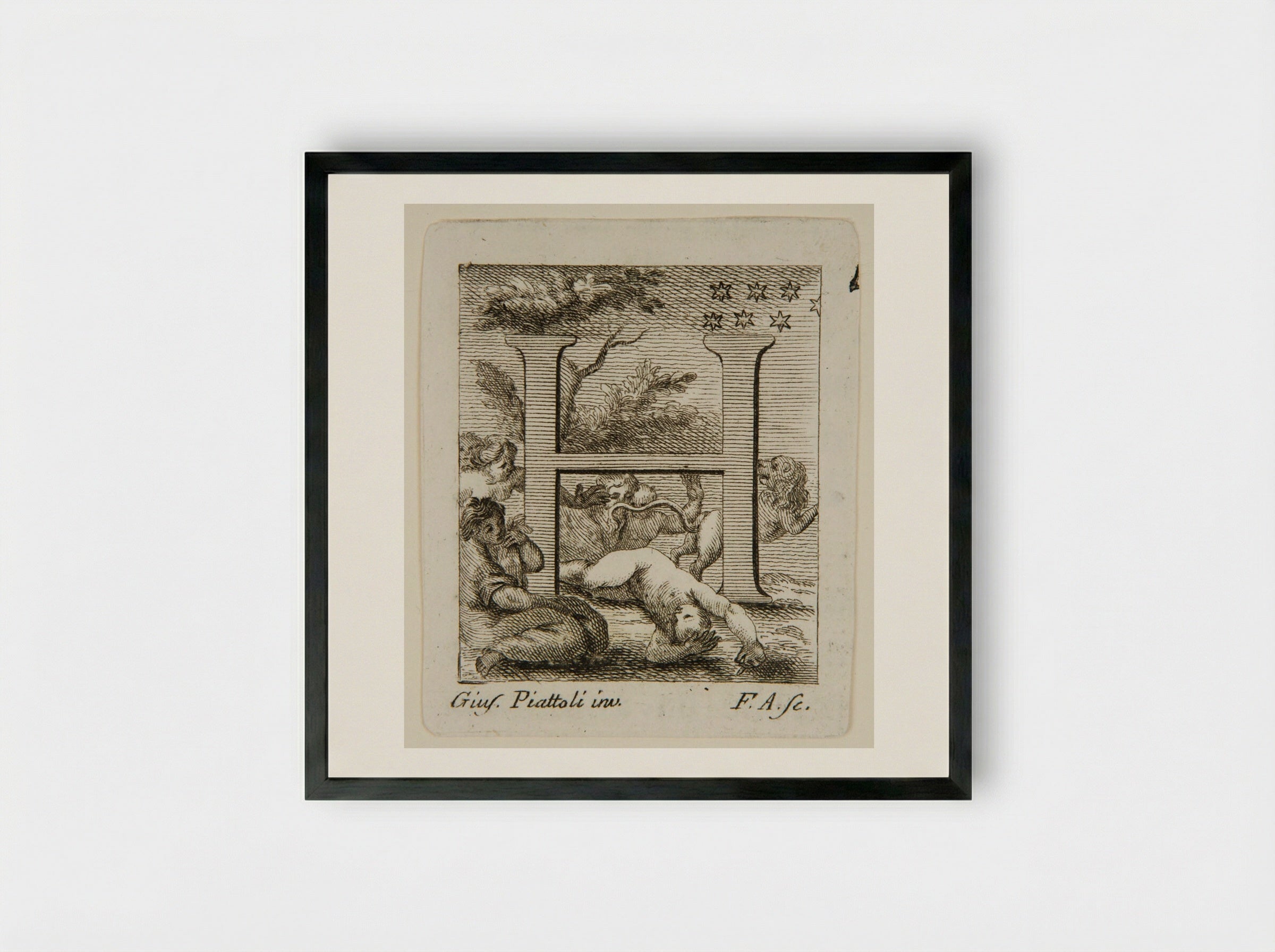 The Initial H with a Nude Woman Mauled by a Lion, Discovered by Friends - Francesco Allegrini - Framed Print Black