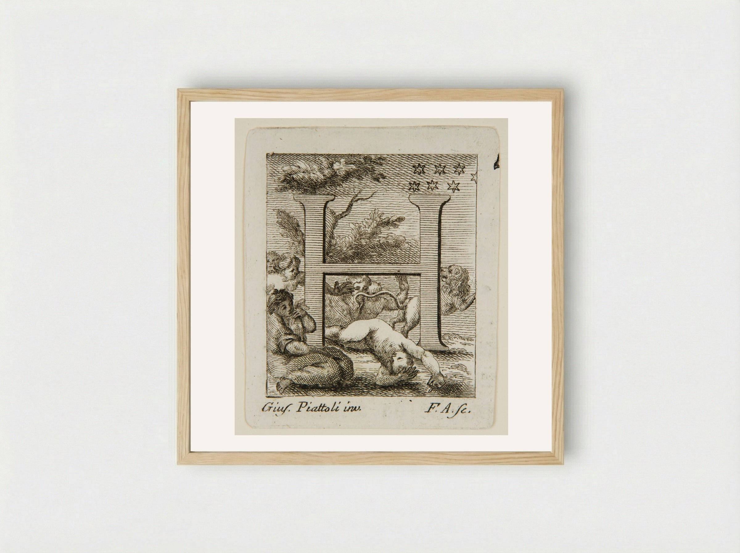 The Initial H with a Nude Woman Mauled by a Lion, Discovered by Friends - Francesco Allegrini - Framed Print Wood