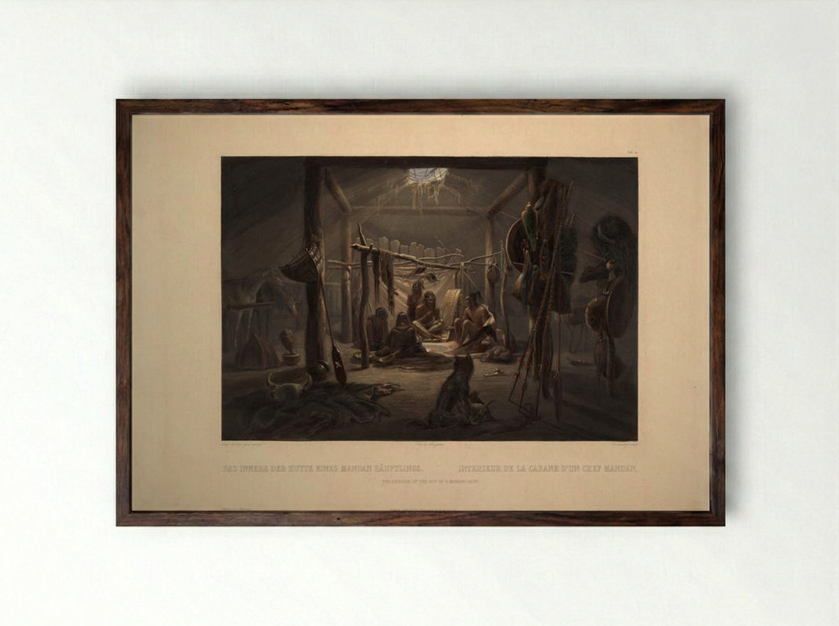 The Interior of a Hut of a Mandan Chief - Karl Bodmer - Framed Print Dark Wood
