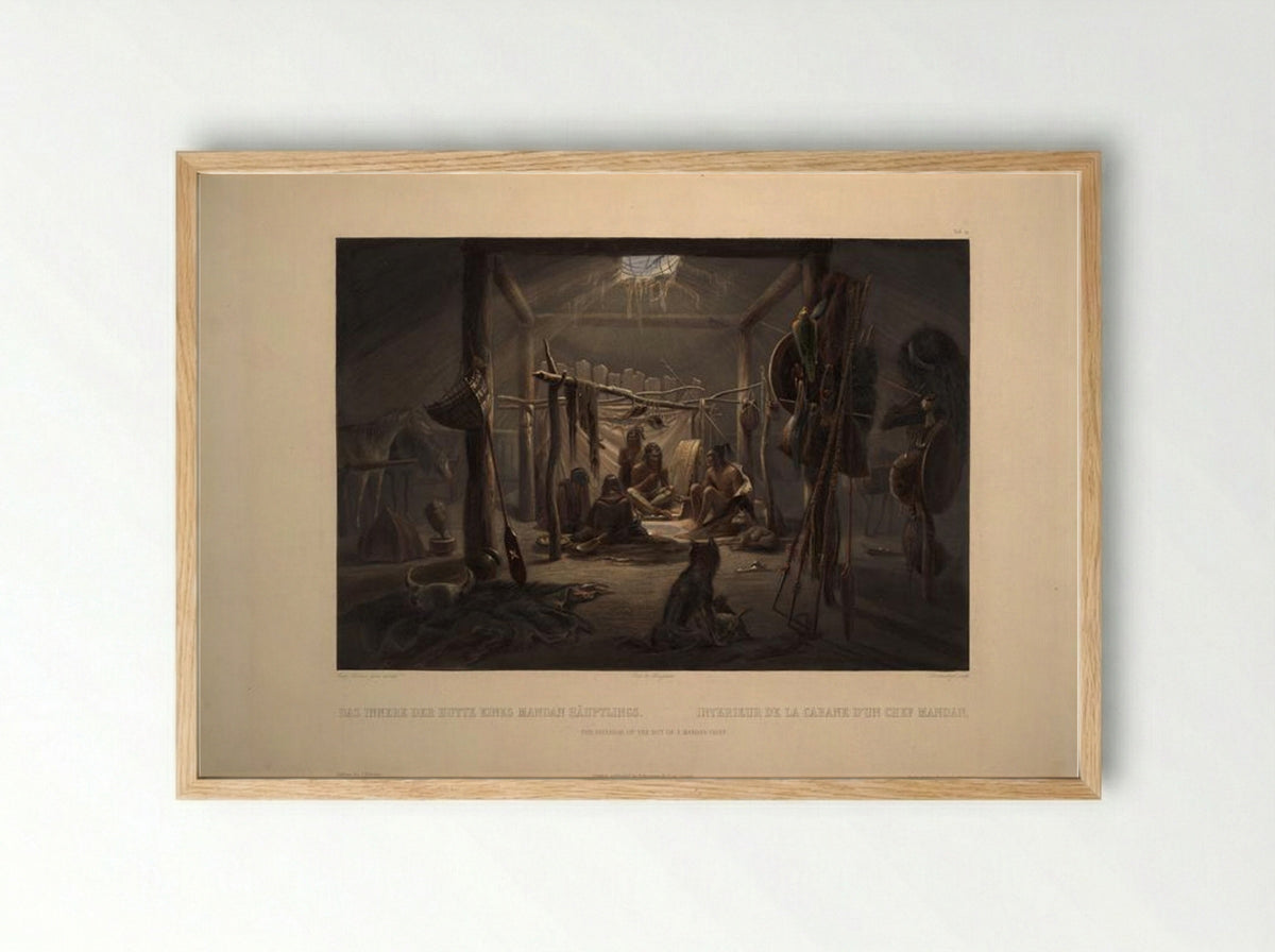 The Interior of a Hut of a Mandan Chief - Karl Bodmer - Framed Print Wood
